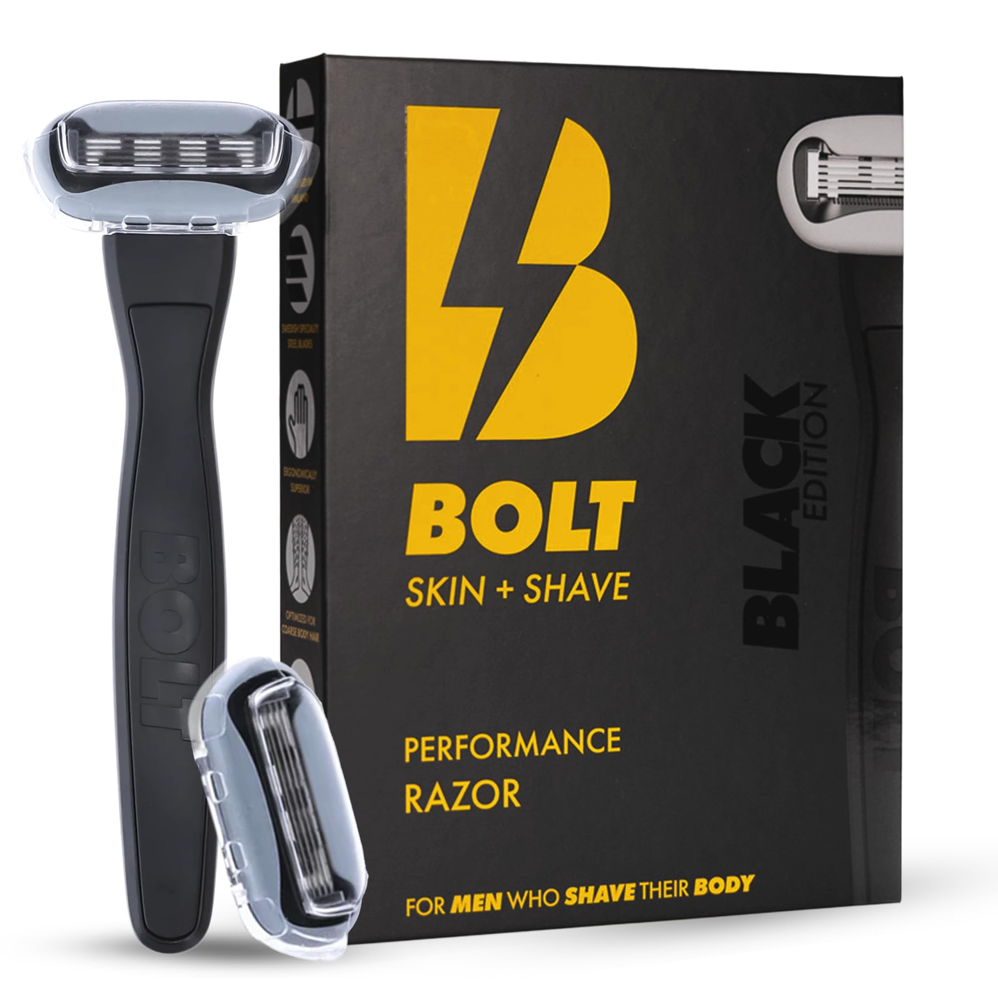 BOLT Skin Shave - Performance Razor - Black Edition - 5-Blade Swedish Steel - Aloe VIT E -
