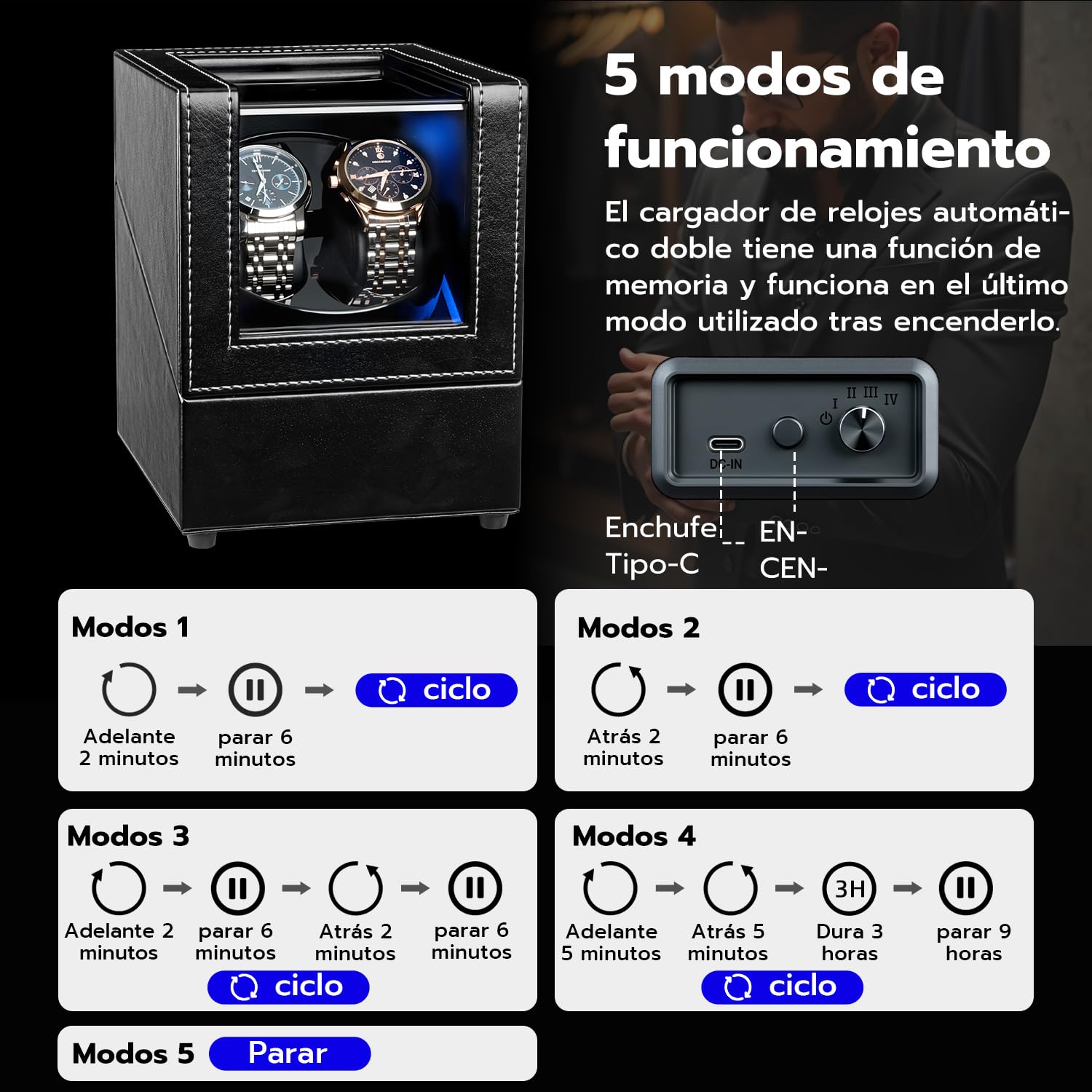 Caja automática doble para reloj, para 2 Relojes, Con LED azul, Caja enrolladora automática para Relojes, Vitrina acrílica de Cuero - Negro