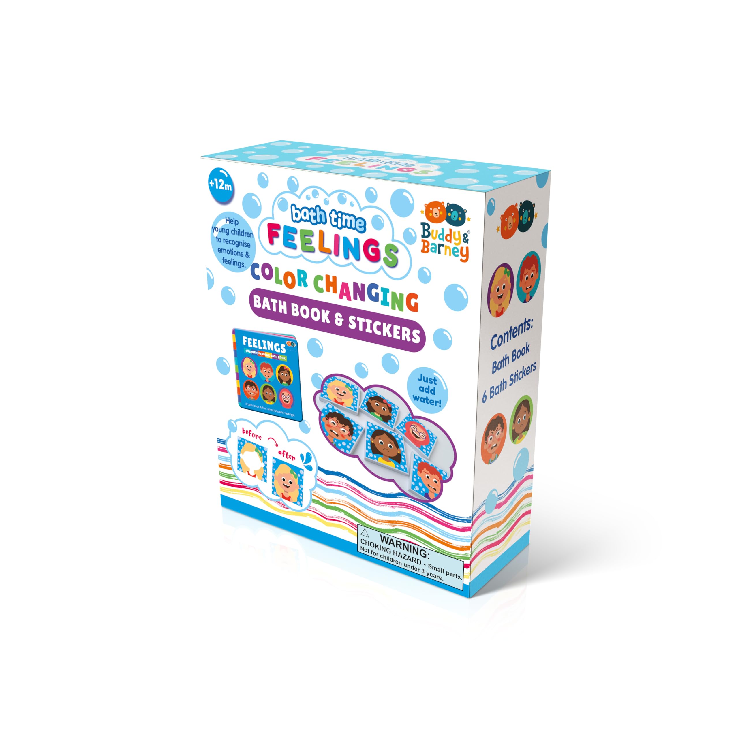 Buddy & Barney Bath Time Feelings Colour Changing Bath Book & Stickers - educational baby bath books, floating fun bathtime learning, learning toys for toddlers and babies, waterproof and reusable