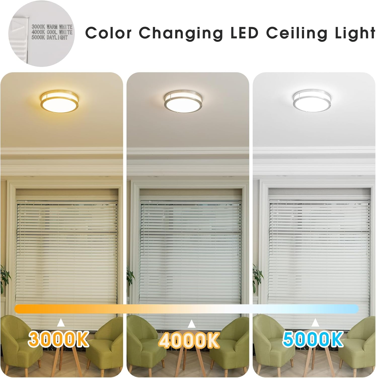 Energetic 14 Inch LED Flush Mount Ceiling Light Fixture, 3000K/4000K/5000K Color Adjustbale, Dimmable Ceiling Light for Bedroom, Kitchen, Bathroom, Study, 24W, 1560LM, Nickel, ETL Listed, 1 Pack