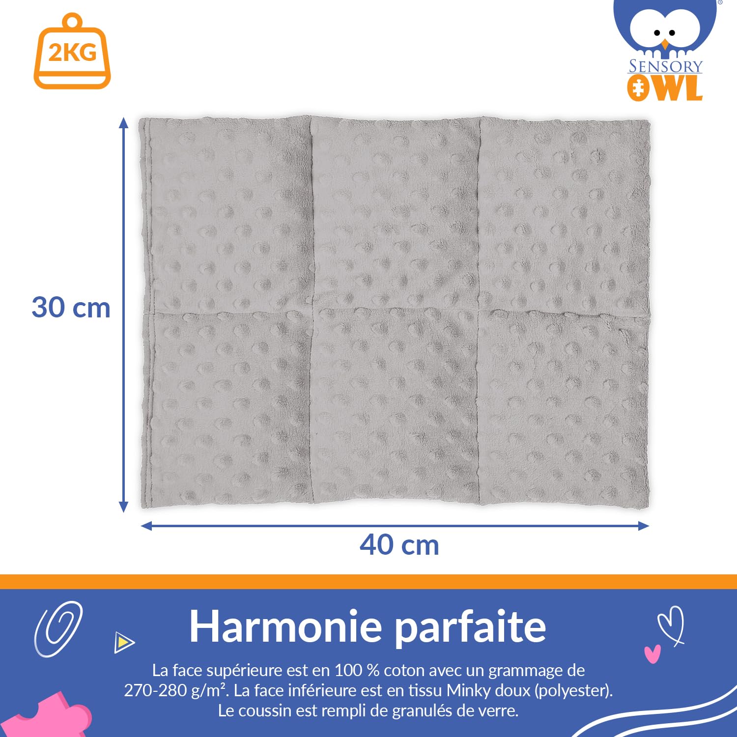 Coussin Lesté Coussin Pondéré pour Genoux Thérapeutique en Coton Tissu Minky pour Enfants Adultes Réduction du Stress 30 x 40 cm 2 kg Noir Gris
