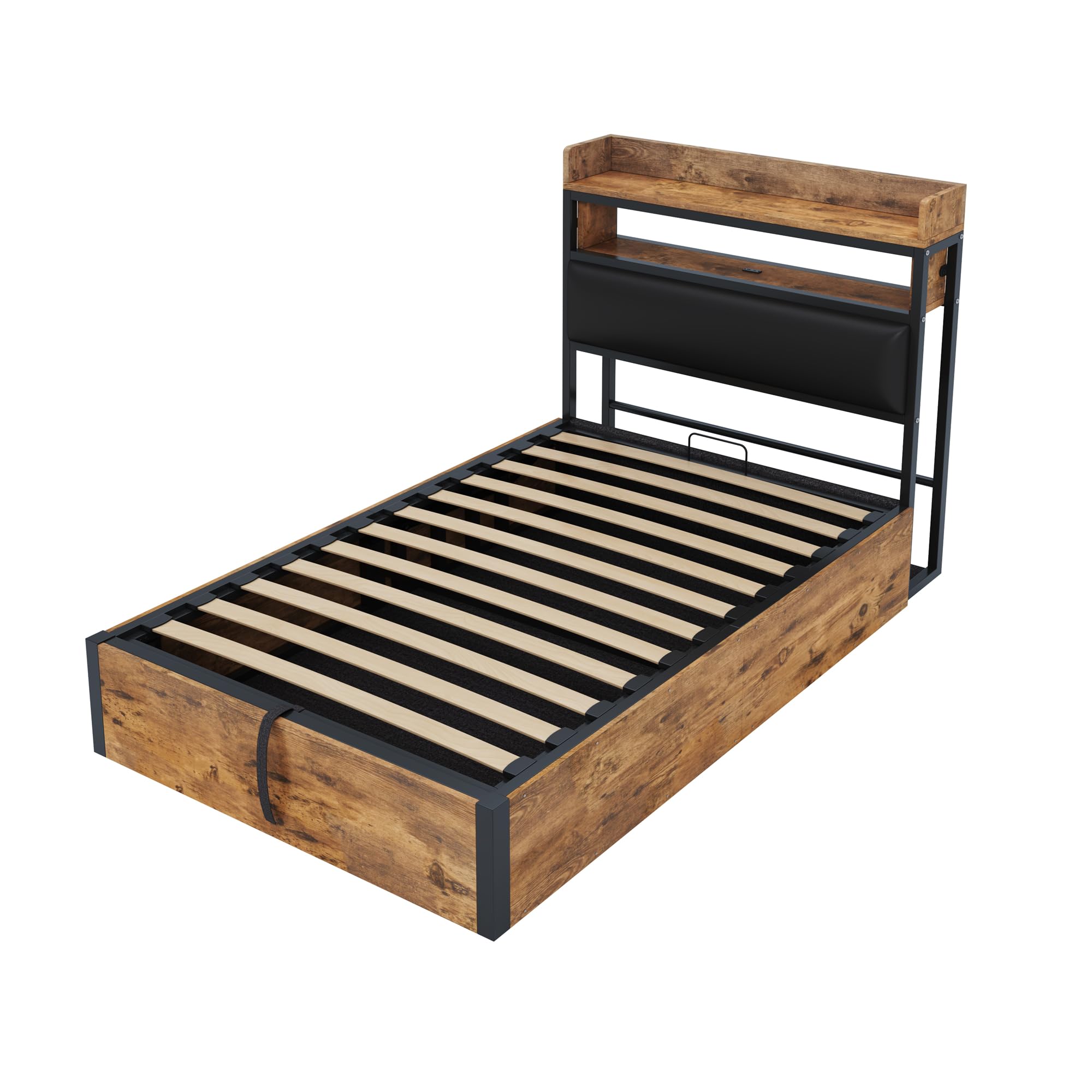 Merax Bettgestell 90x200, Hydraulisch Holzbett mit großem Stauraum, gepolstertem Kopfteil mit Ablage, USB-Ladeanschlüssen, Holz-Metall-Design, Schwarz (Ohne Matratze)