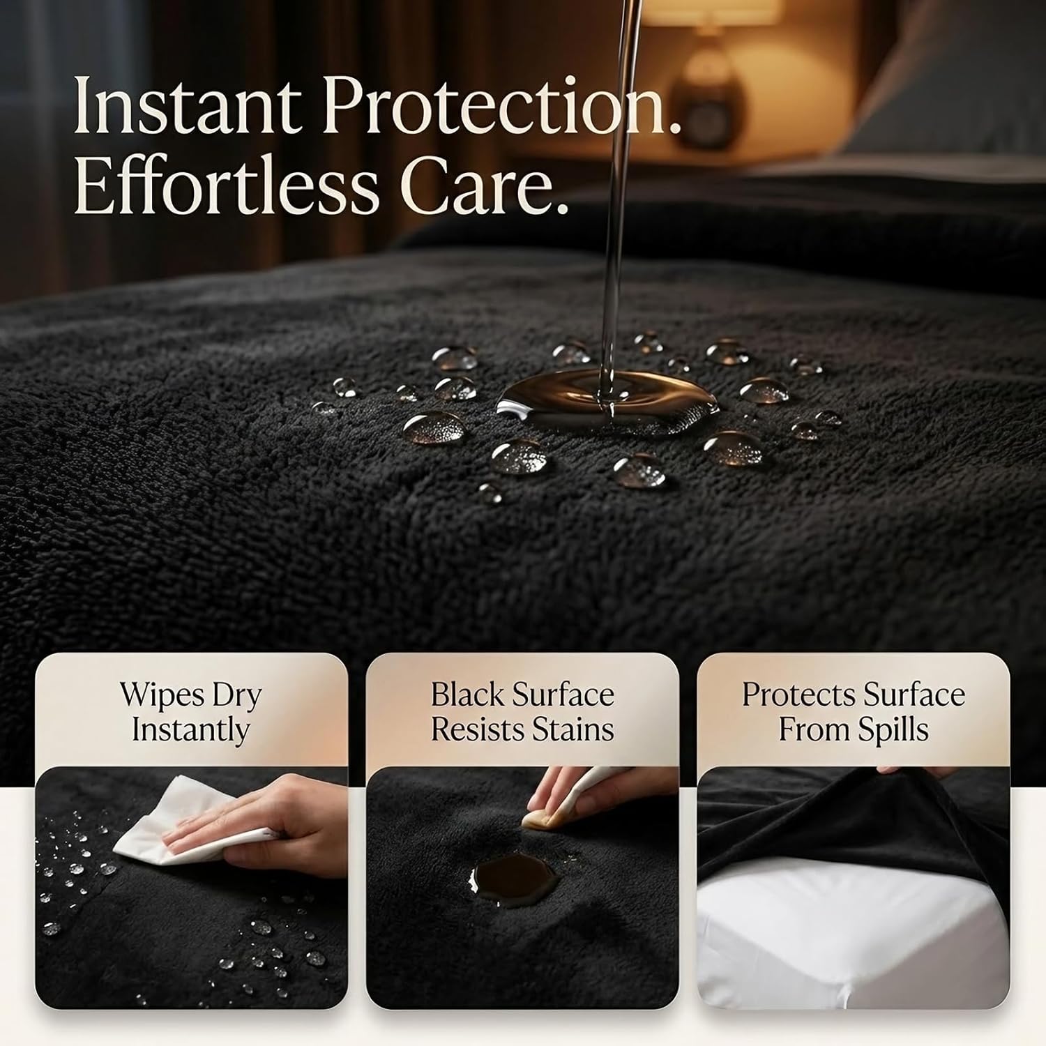 Waterproof Blanket for Bed - 82" x 82" King Size Water Proof and Stain Resistant Bed Protector for Couples, Flannel Moisture Absorbent, Machine Washable, Liquid-Resistant Throw Blanket, Black