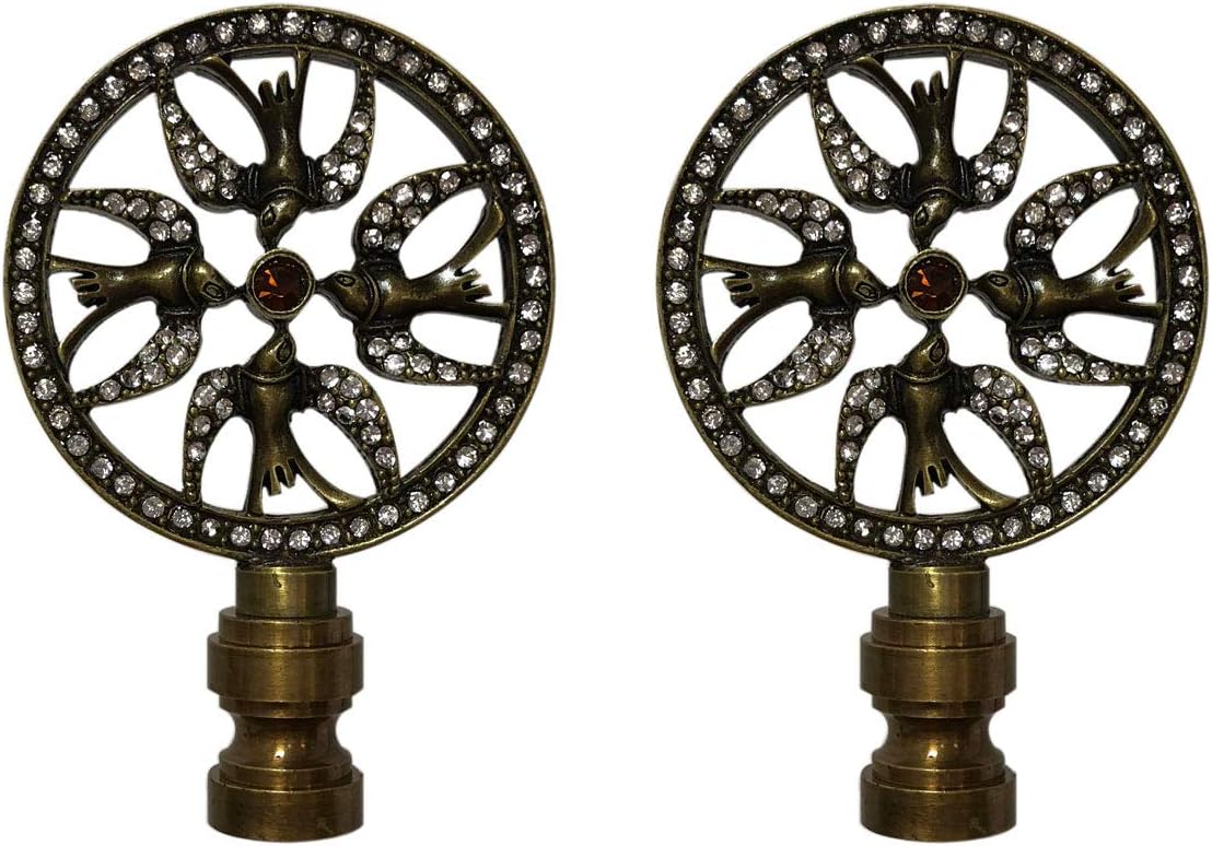 Royal Designs Bird Filigree Design 2.75" Crystal Embelishments Lamp Finial for Lamp Shade, Polished Brass - Set of 2