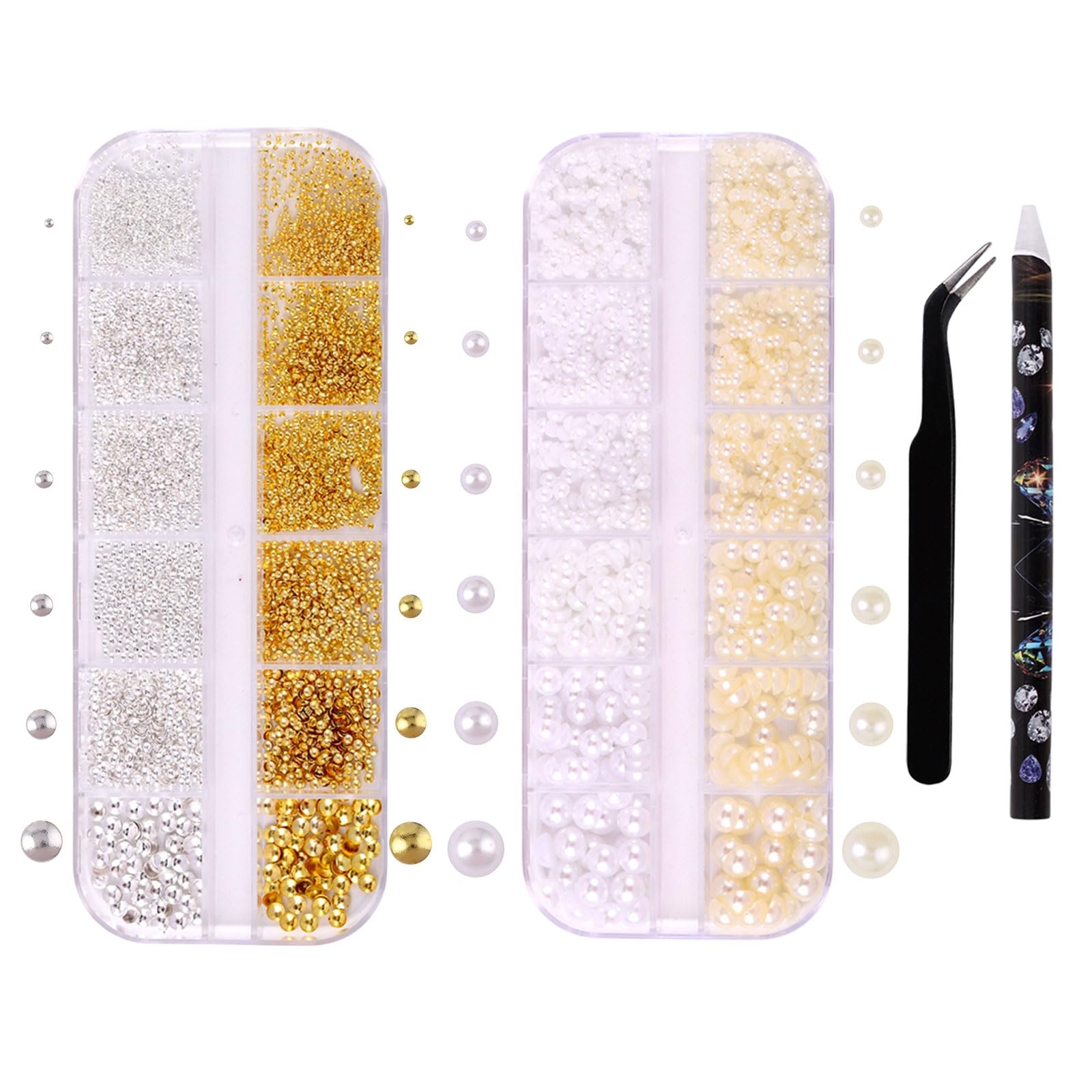 Nail Charms,2 Boxes Flackback Pearl Nail Charms and Gold Silver Beads with Pickup Pencil and Tweezer,Nail Pearls Rhinestones Kit for Nails Art Supplies Face Makeup and Crafting