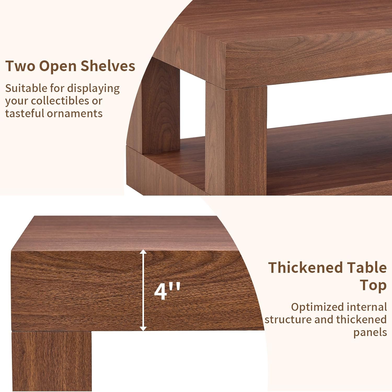 LKTART 39.37" Coffee Table with Storage, 2-Tier Mid Century Rectangular Accent Table with Thick Tabletop, Rustic Style Cocktail, Center Table for Living Room, Office, Apartment (Walnut)
