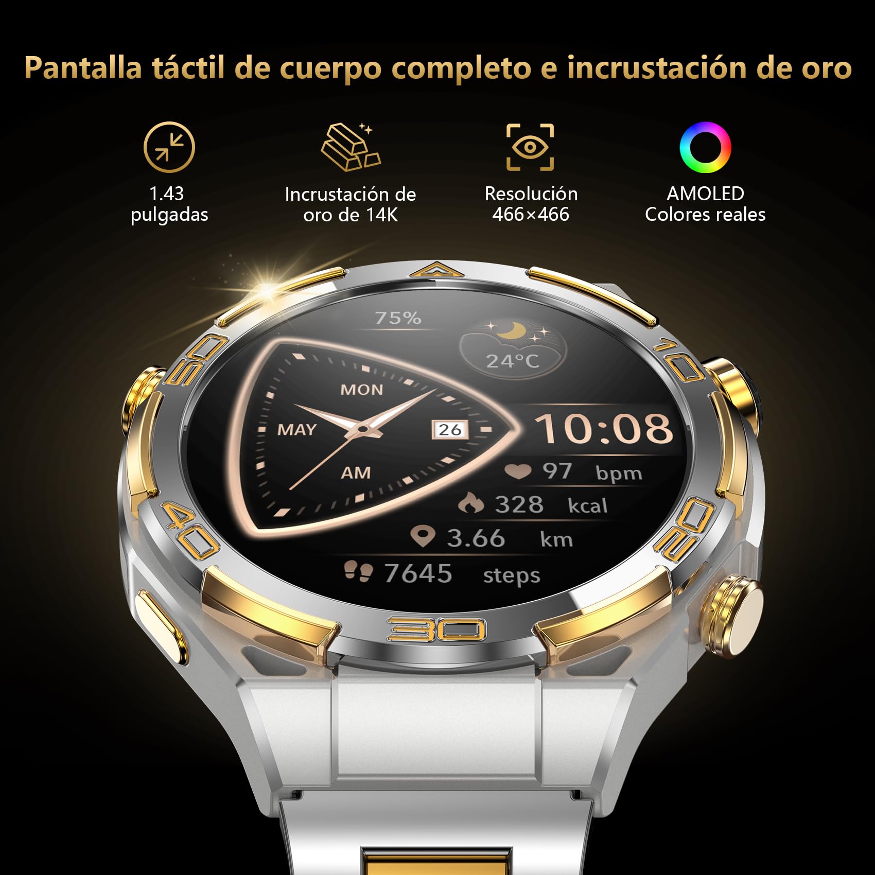 IOWODO Reloj Inteligente Hombre con GPS, Smartwatch 1.43" AMOLED con Llamadas Bluetooth, Chapado 14K, Linterna y Brújula, 20 Días Batería, Monitor Salud, 327 Esferas,100+ Deportes, IP68, 2 Correas