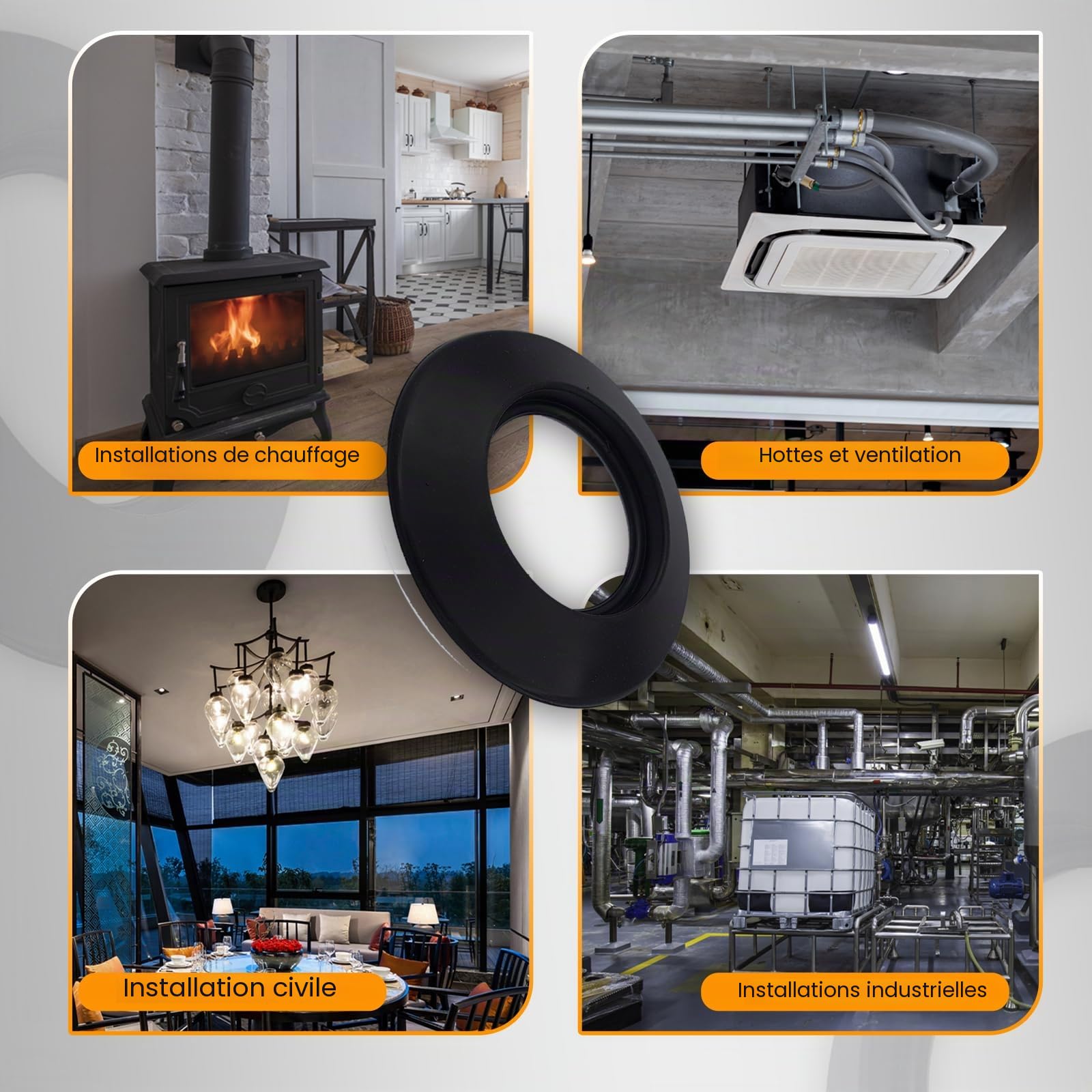 TYGERIX® Rosace Murale en Silicone Noir 120 et 125 mm | Rosette flexible pour couvrir les tuyaux de chaudière, les poêles et tout système | Résistance aux hautes températures | Indéformable | Certifié
