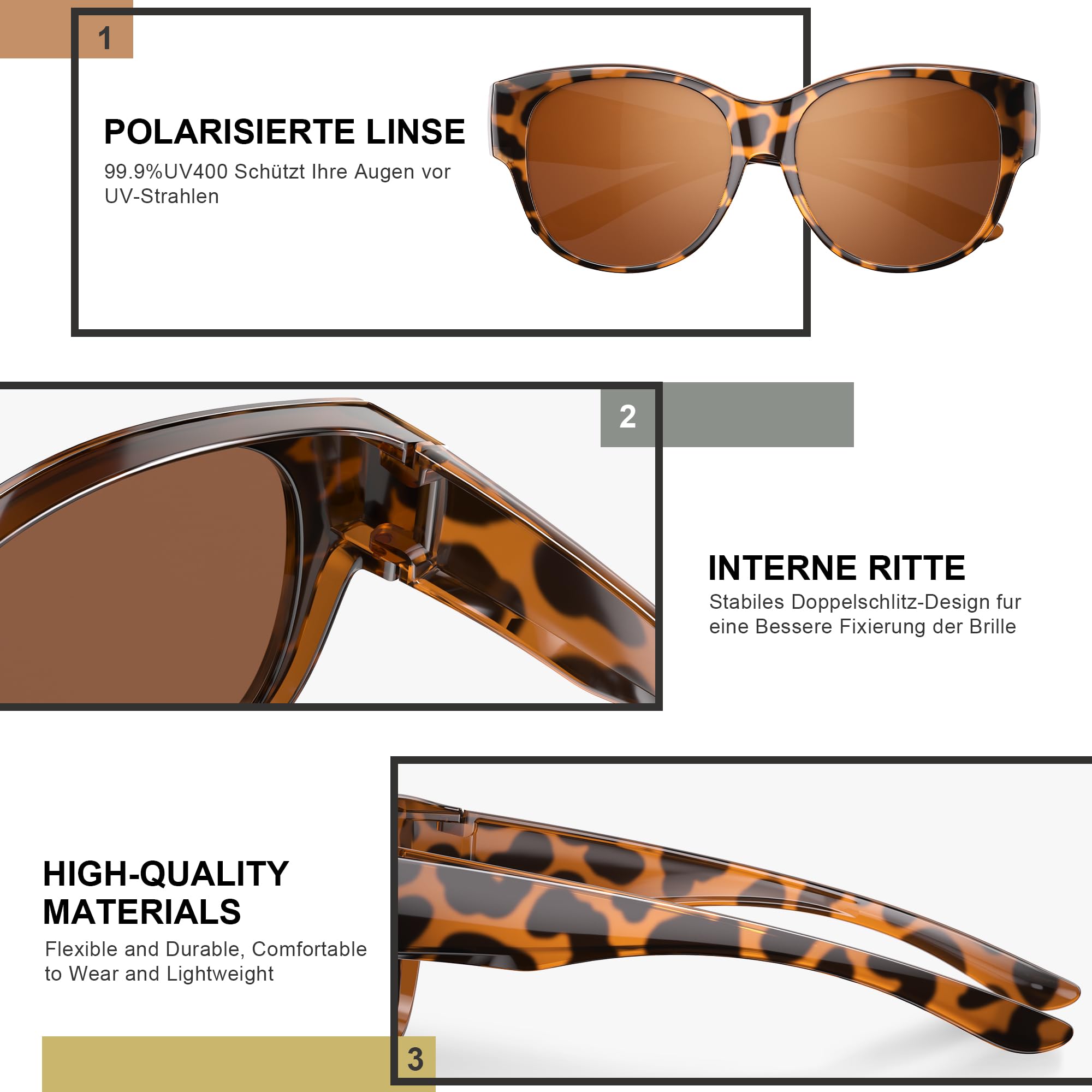 Überzieh Sonnenbrille Damen Polarisiert UV400 Schutz，Rund Ultraleicht Übergroß Überbrille Sonnenbrille Über Normale Brille