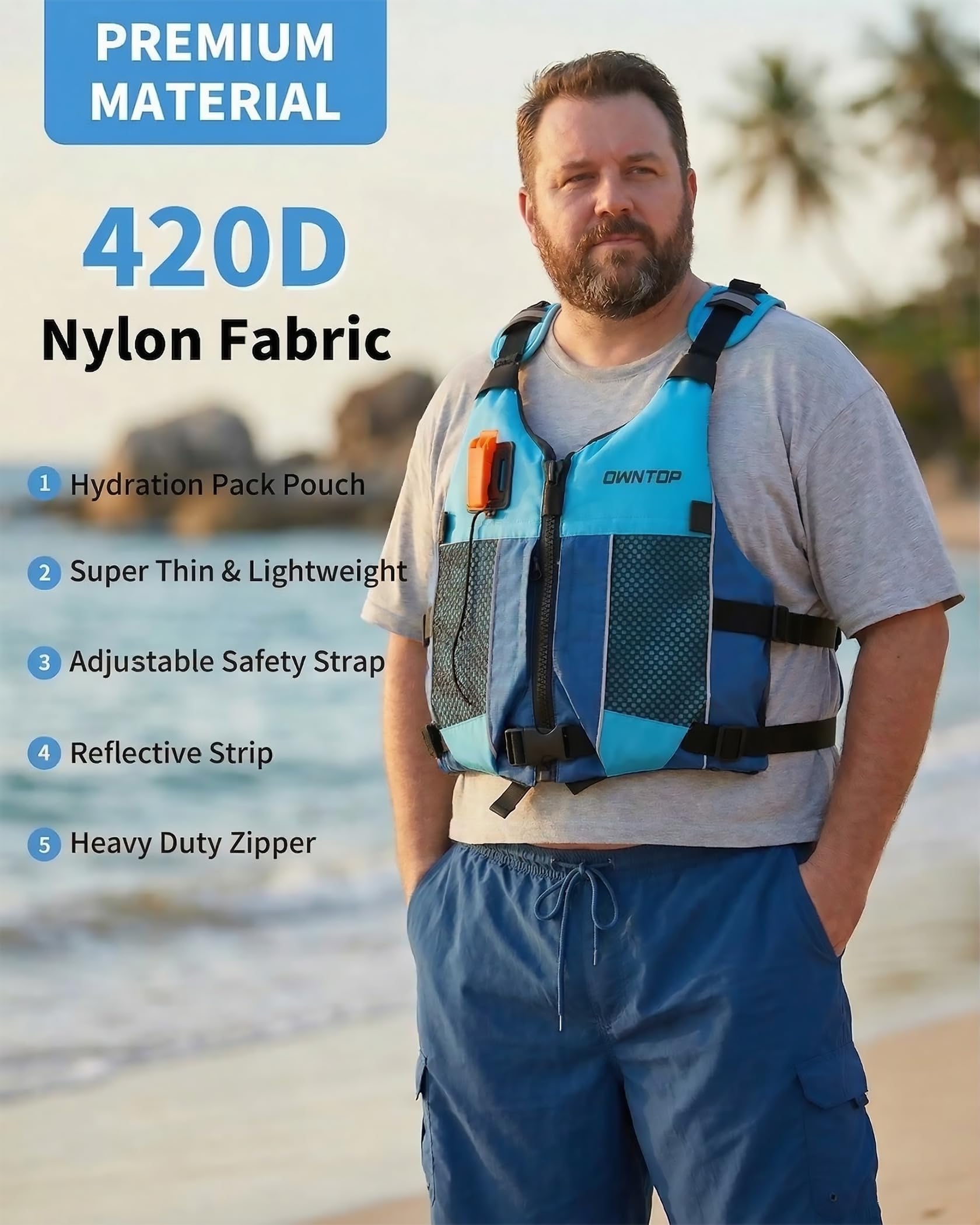 Owntop Buoyancy Aid for Adults and Teenagers with Hydration Backpack, Whistle and Pockets - Adjustable Float Vest Unisex Swimming Vest for Paddleboarding, Kayaking, Fishing, Sailing - 2