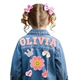 Personalized Kids Patch Denim Jacket with Names, Custom Long Sleeve Jean Jacket, Back to School Brithday Easter Gifts for Toddlers, 1-8 Years Old Girls Clothes, Girls Spring Outfits