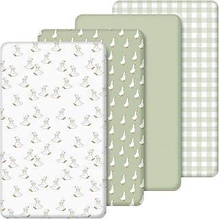 SmoothNovelty 4 Pack Silly Goose Crib Fitted Sheet for Boys Girls - 52" x 28" Fitted Baby Sheet with Goose and Gingham Style for Standard Mattress Gift Set, Microfiber & Soft Breathable(Green)