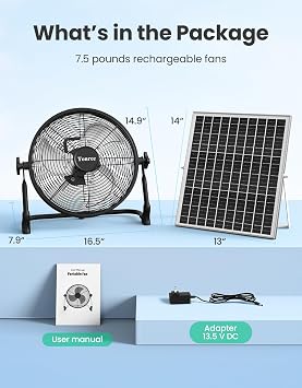 14 Portable Battery Operated Solar Fan, Rechargeable Floor Fan, Hi-Velocity Cordless Camping Fan, USB Phone Charge, 12-60H Runtime, Quiet, Wireless, For Travel Shed Outdoor Home Garage Tent Car Barn