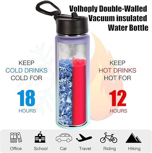 Miniatura 3 de Volhoply Botellas de agua aisladas con popote a granel, paquete de 2 botellas deportivas de acero inoxidable de 22 onzas con tapa con asa, termo de
