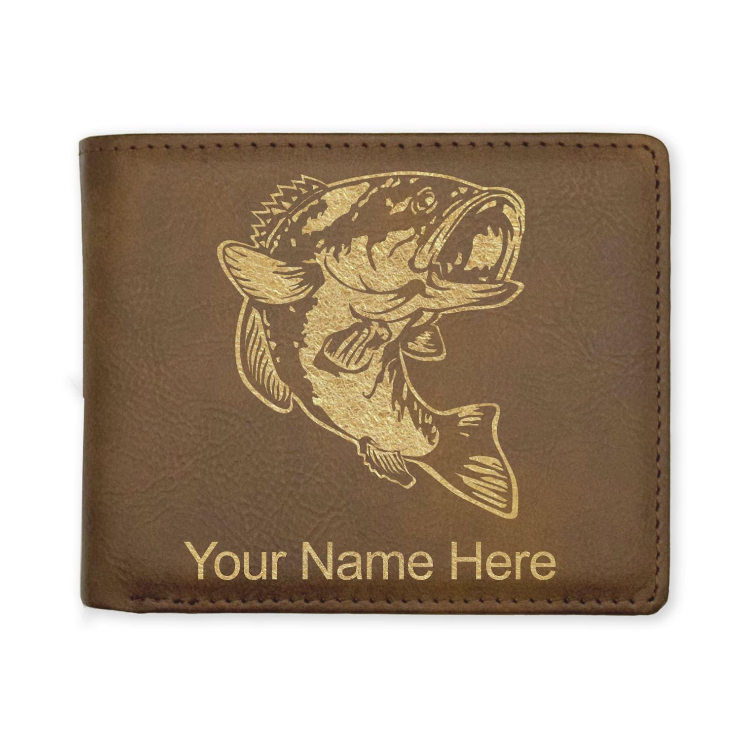 LaserGram Faux Leather Bi-Fold Wallet, Bass Fish, Personalized Engraving Included (Rustic with Gold)