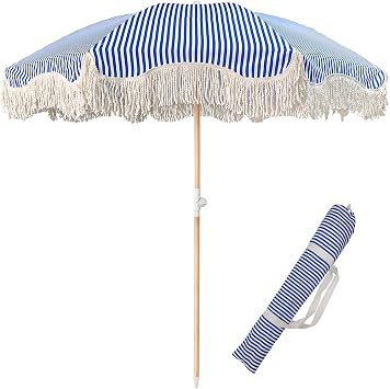 Striped Patio Umbrellas 6 Ft Boho Outdoor Umbrella with Fringe Tilt Beach Umbrellas for Sand 8 Ribs UPF 50+ Outdoor Table Umbrella for Backyard/Pool/Garden/Lawn with Carry Bag
