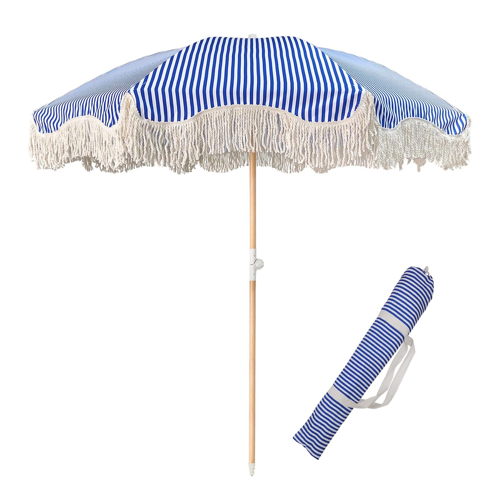 Xzomystify Striped Patio Umbrellas 6 Ft Boho Outdoor Umbrella With Fringe Tilt Beach Umbrellas For Sand 8 Ribs UPF 50+ Outdoor Table Umbrella For Backyard/Pool/Garden/Lawn With Carry Bag, Blue