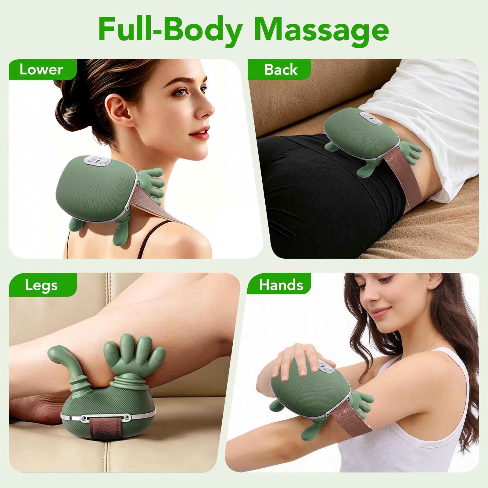 4D Masajeador Cervical y Espalda, Masajeador de Hombros para Cuello y Hombros con Función de Calor, 3 Velocidades, 2 Niveles de Calor (30°C/40°C), Masajeador para Casa/Oficina/Viajes/Regalos, Verde