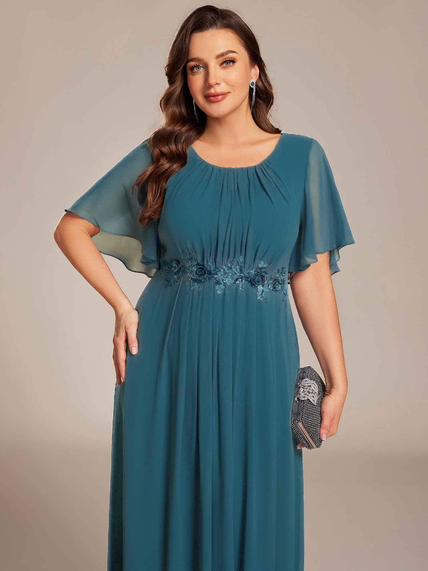 Ever-Pretty Plus Donne Girocollo Appliques Maniche Corte Piano Lunghezza Plus Size Abiti Formali Madre della Sposa Abito