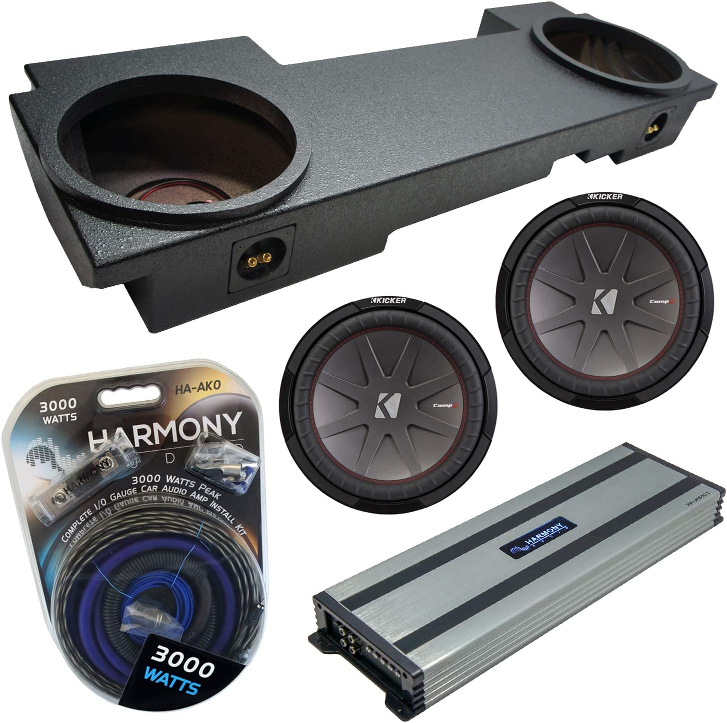 Harmony Audio Compatible with 2002-2013 Chevy Silverado HD Crew Truck Kicker Bundle CompR CWR12 Dual 12" Rhino Coated Sub Box Enclosure & Harmony HA-A1500.1 Amp