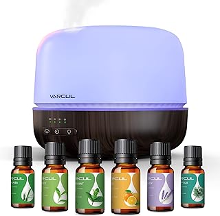 VARCUL Diffuseur d'arômes à ultrasons en grain de bois 300 ml Humidificateur d'aromathérapie Diffuseur avec 6 huiles essentielles, 7 lumières LED changeantes pour yoga/spa/chambre à coucher