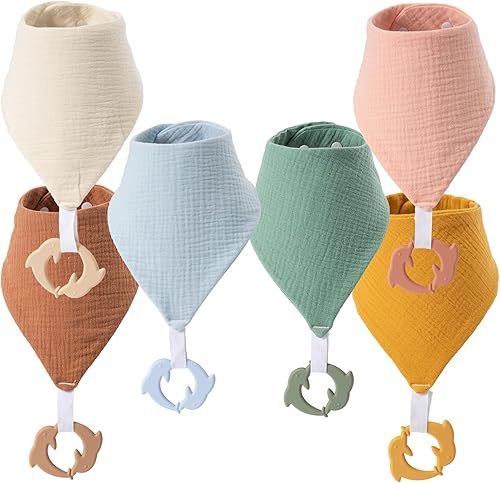 Baberos de dentición para bebé, paquete de 6 con mordedor acoplable, 100% algodón orgánico, baberos súper absorbentes y suaves