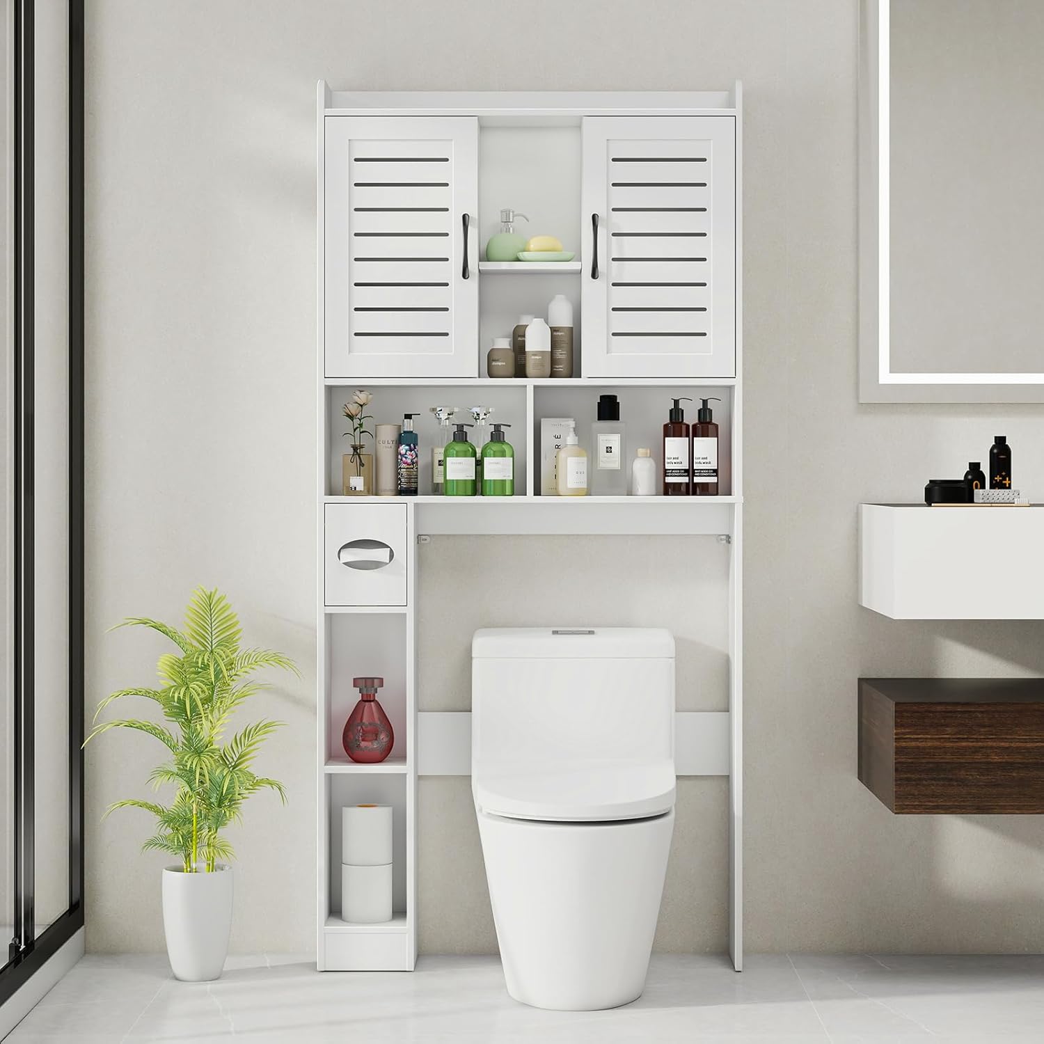 Over The Toilet Storage Cabinet, Farmhouse Storage Cabinet Over Toilet with 2 Louvered Door?Home Space-Saving Toilet Rack, for Bathroom, Restroom, Laundry White 2 Louvered Doors