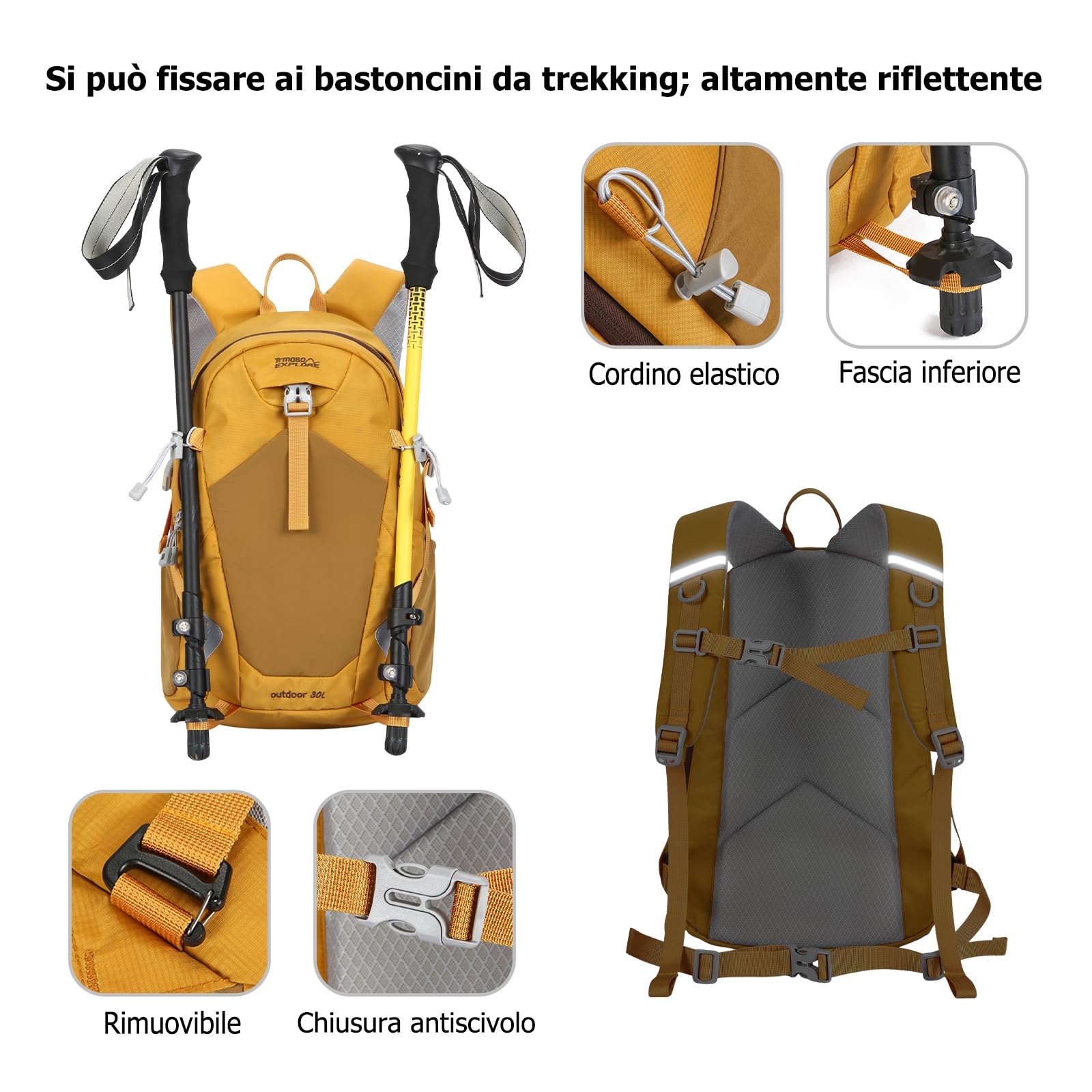 Zaino da Trekking 30L Zaino da Giorno Outdoor Idrorepellente Zaini Leggero con Strisce Riflettenti Molteplici Tasche Backpack Viaggio per Alpinismo Campeggio Uso Quotidiano Giallo