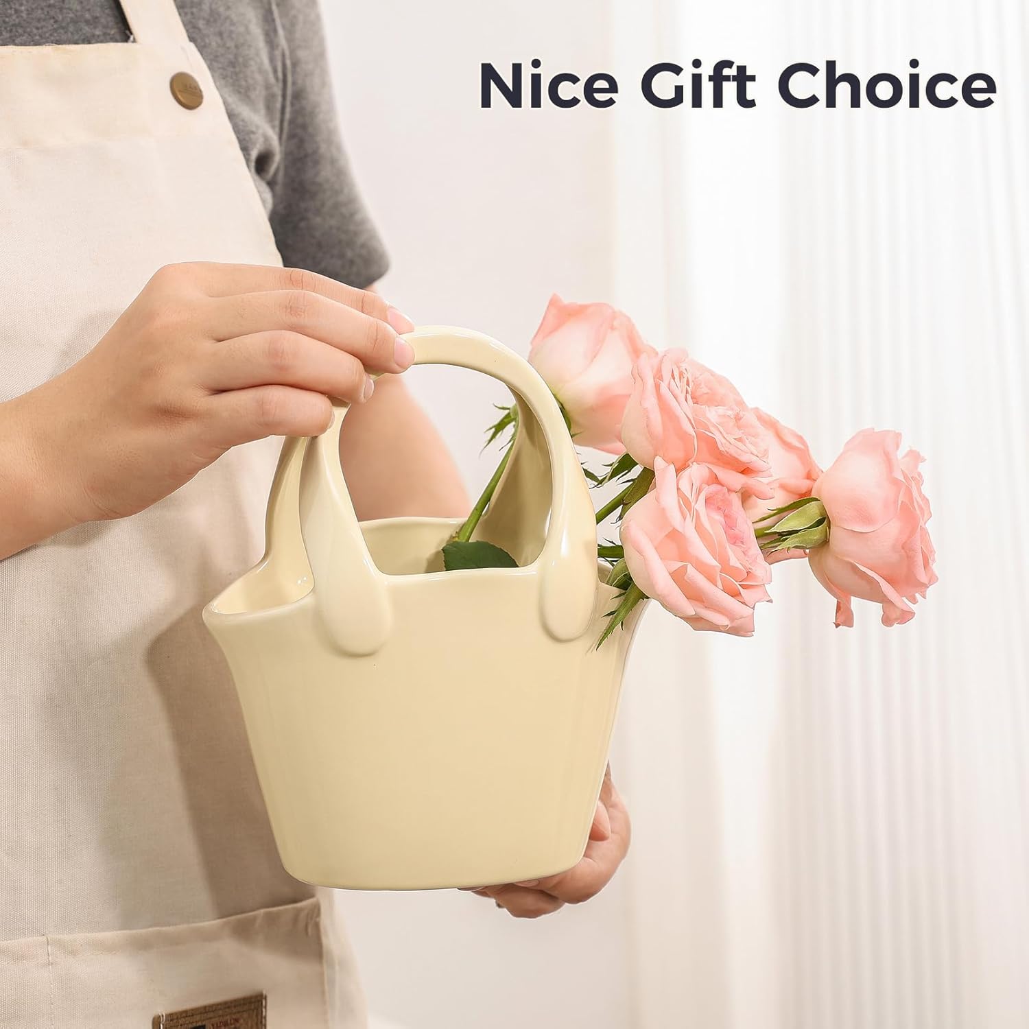 Dizada Ceramic Purse Vase for Flowers 8" - Porcelain Handbag Vase for Modern Farmhouse Decor, Decorative Flower Vase for Table, Bedroom, Entryway, Wedding, Warm White