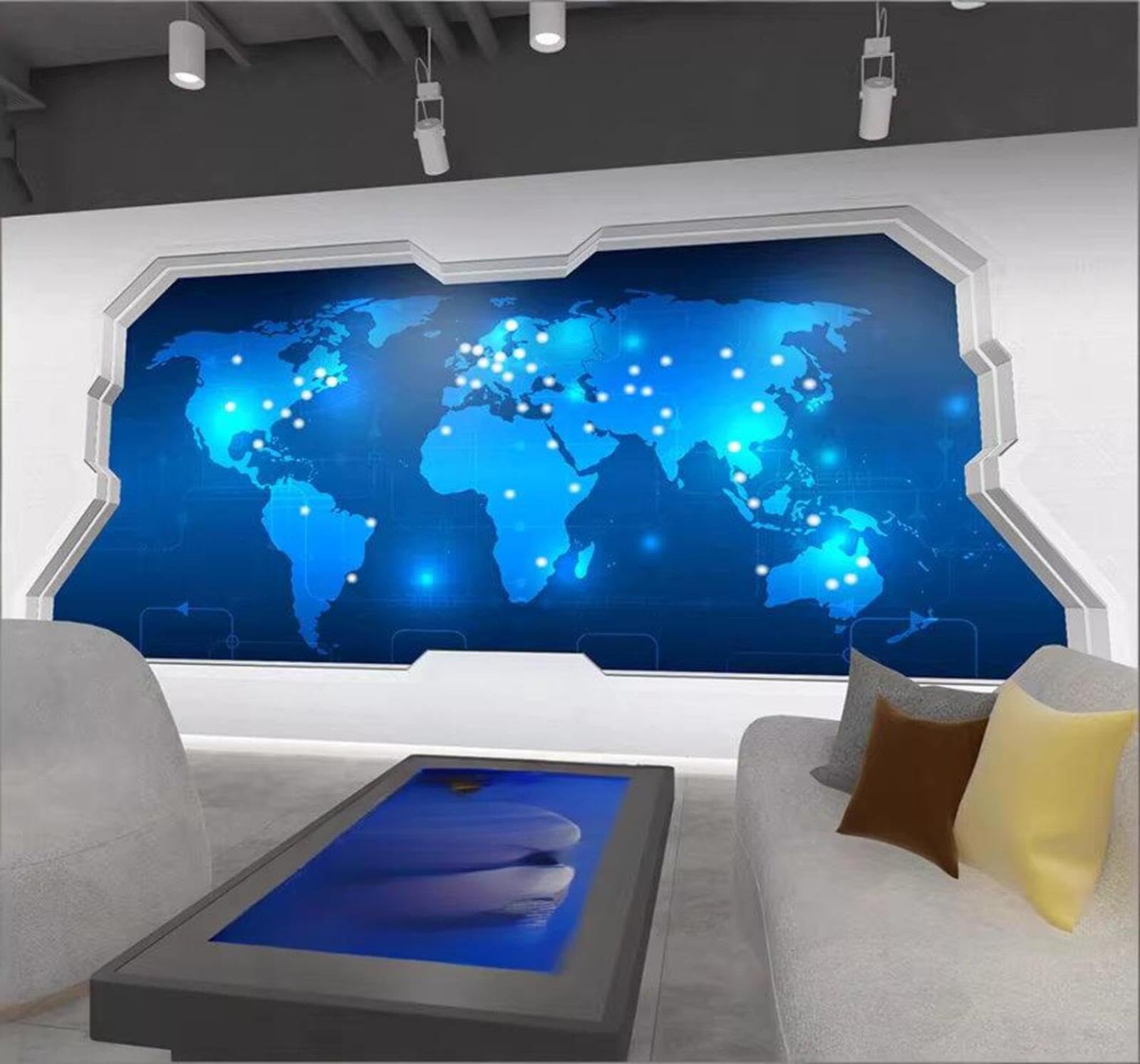 Three Dimensional High Tech Blue World Map Gym 3D Wallpaper Easy Install Feature Office Living Room Sofa Bedroom TV Background Wall Decoration-250cm×170cm