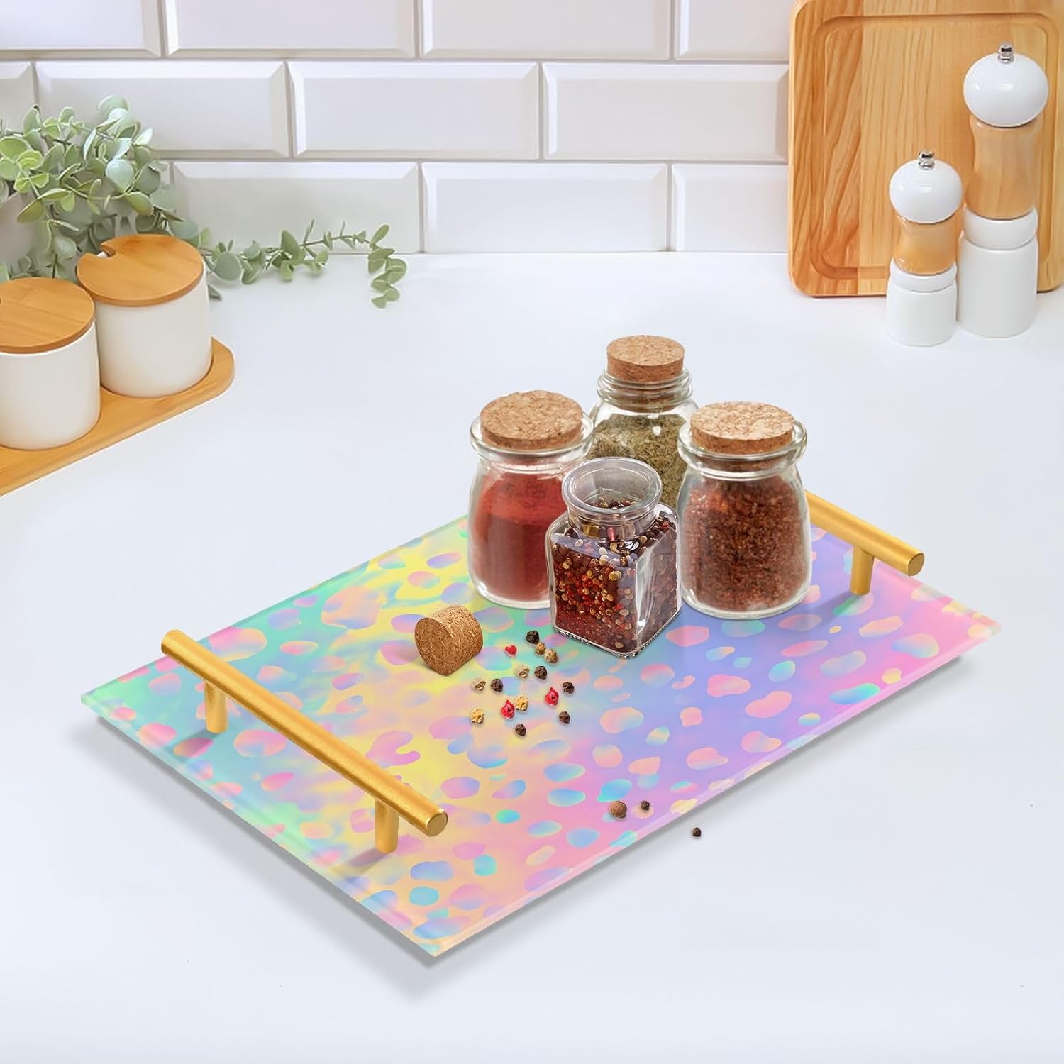 Pastel Leopard Marble Vanity Tray for Bathroom Counter Rectangle Decorative Kitchen Trays Acrylic Jewelry Perfume Makeup Organizer Tray Holder