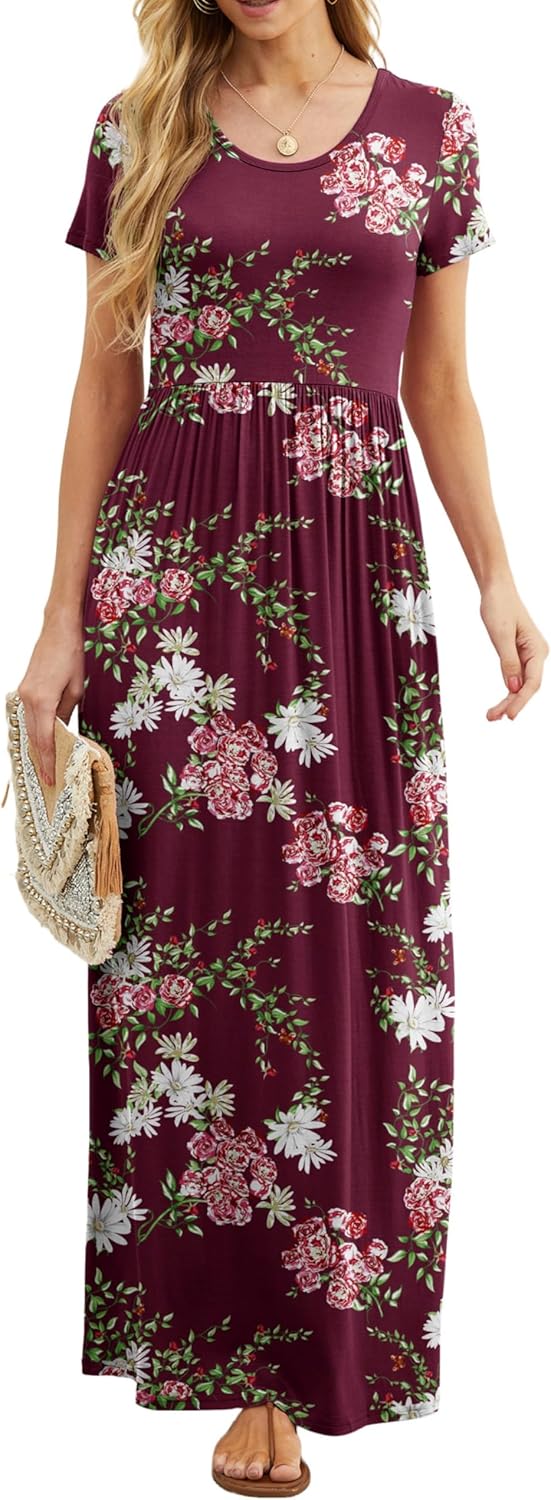 GRECERELLE Women Summer Casual Maxi Long Dress Short Sleeve Crew Neck with Pockets, Size S-3XL - Image 5