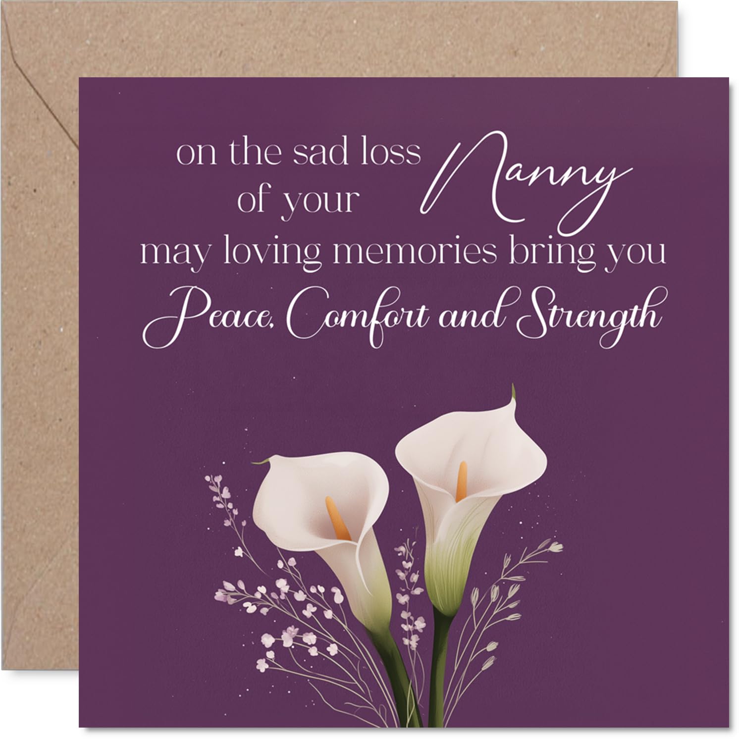 Comforting Sympathy Card - Loss of Nanny - Gentle Words of Remembrance - Elegant Calla Lilies on Calming Purple - 145mm Square, Envelope Included