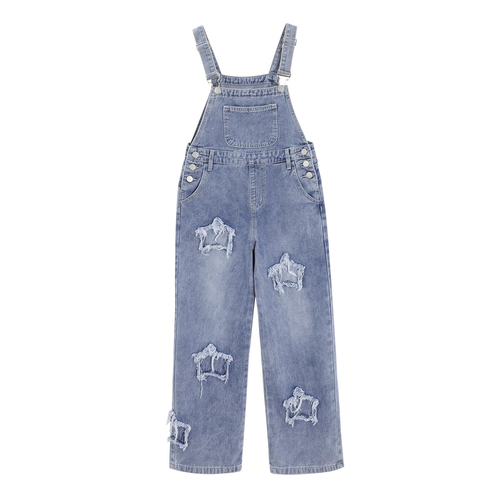 Jean Jumpsuit Mädchen Stern Stickerei Y2k Jeanslatzhose Hip Hop Denim Overall Latzhose mit Taschen Kinder Girls Weite Bein Playsuit mit Verstellbaren Hosenträgern Blaue Latzhose