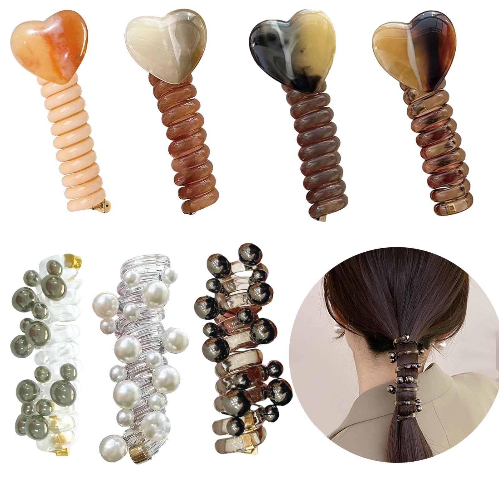 7 Pieces Colorful Telephone Wire Hair Bands, Elegant Pearl Heart Shape Spiral Hair Ties Ponytail Holders