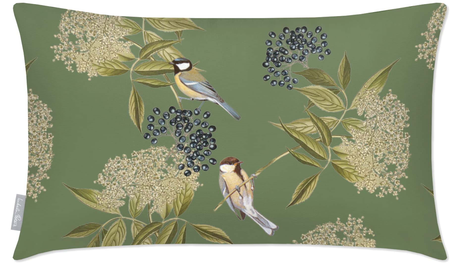 Izabela Peters Bird On Elderflower - Sage Outdoor Cushions Waterproof - 55 X 35 Cm, Filled, Garden Furniture Cushions