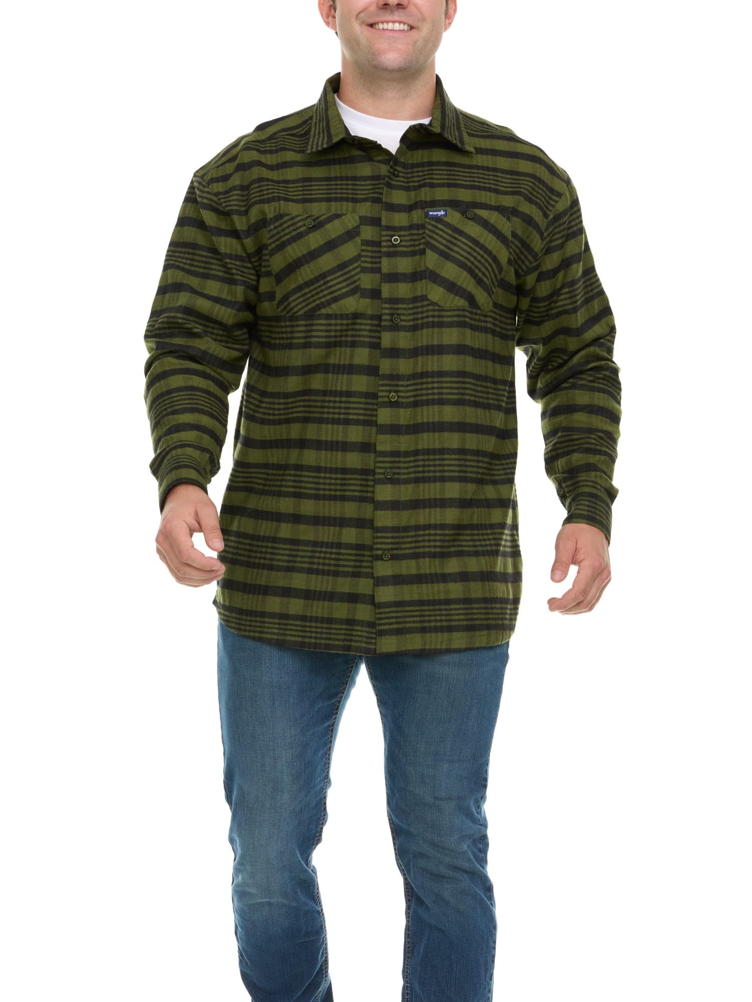 Wrangler Big and Tall Flannel Shirt for Men – Mens Button Down Plaid Shirt Olive/Black