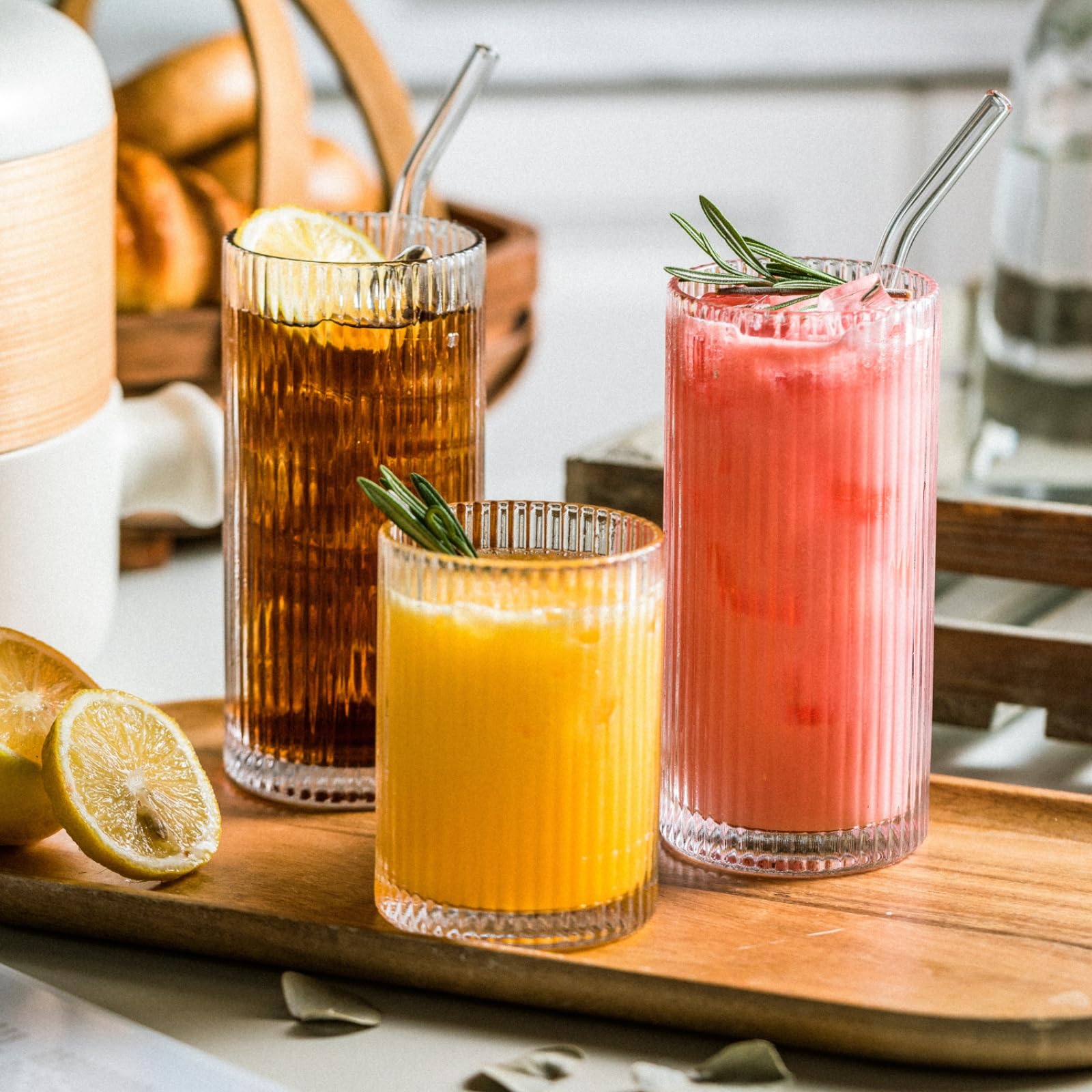 INSETLAN 370ml Geriffelte Longdrinkgläser 6er Set Wassergläser Trinkgläser| Ideal für Whisky, Bier, Säfte, Eiskaffee & Cocktails | Spülmaschinenfest | Hochwertige Trinkgläser & Cocktailgläser