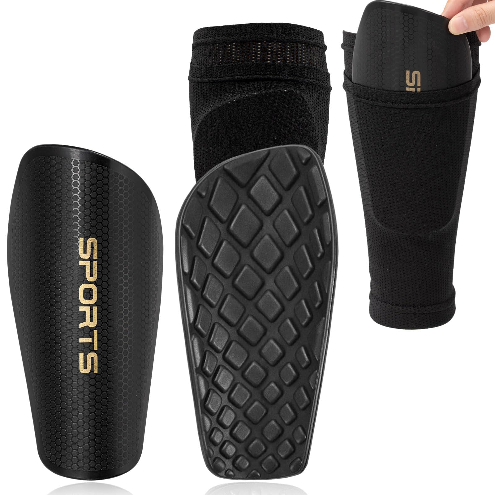 Soccer Shin Guards for Kids Youth Adults, 1 Pair Soccer Shin Pads and 1 Pair Sleeves with Optimized Insert Pocket, Football Protective Tibia Equipment