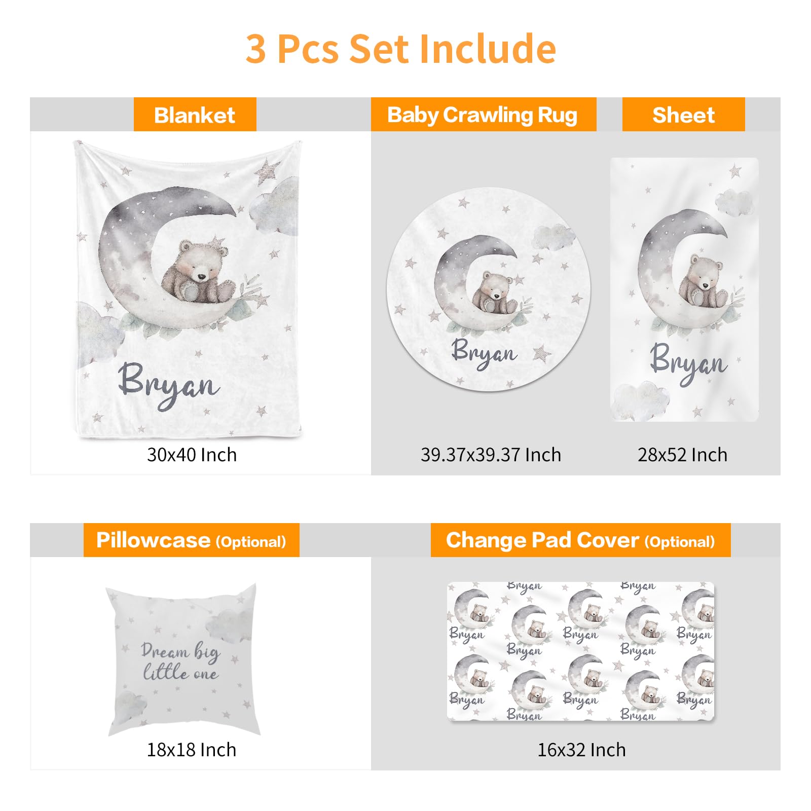 Juego de ropa de cama personalizado para cuna de bebé, juego de 3 piezas con nombre personalizado de animal lunar, manta suave y elegante, sábana, alfombra para gatear para recién nacidos,