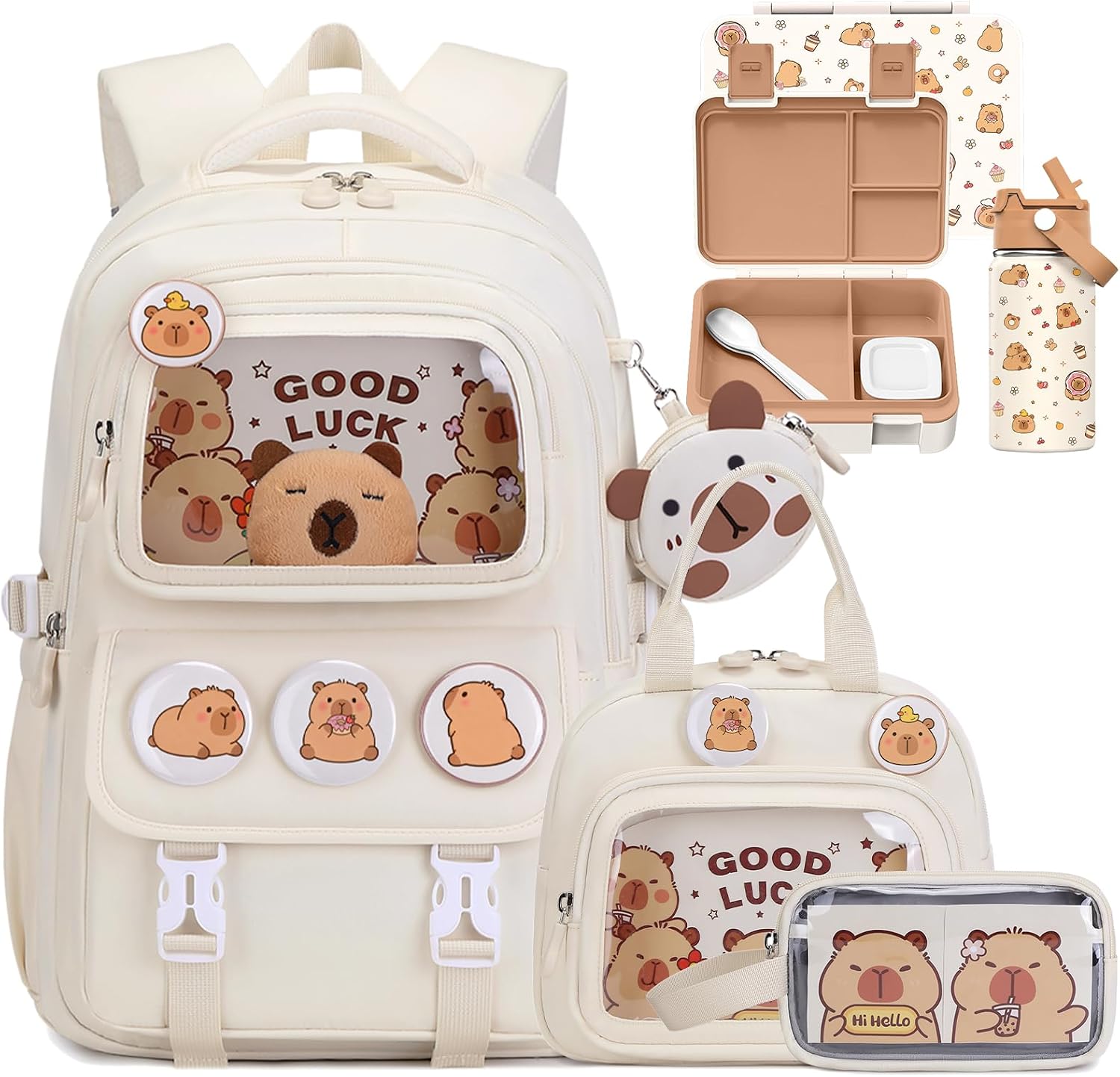 Capybara Backpack for Girls with Bento Box Insulated Water Bottle