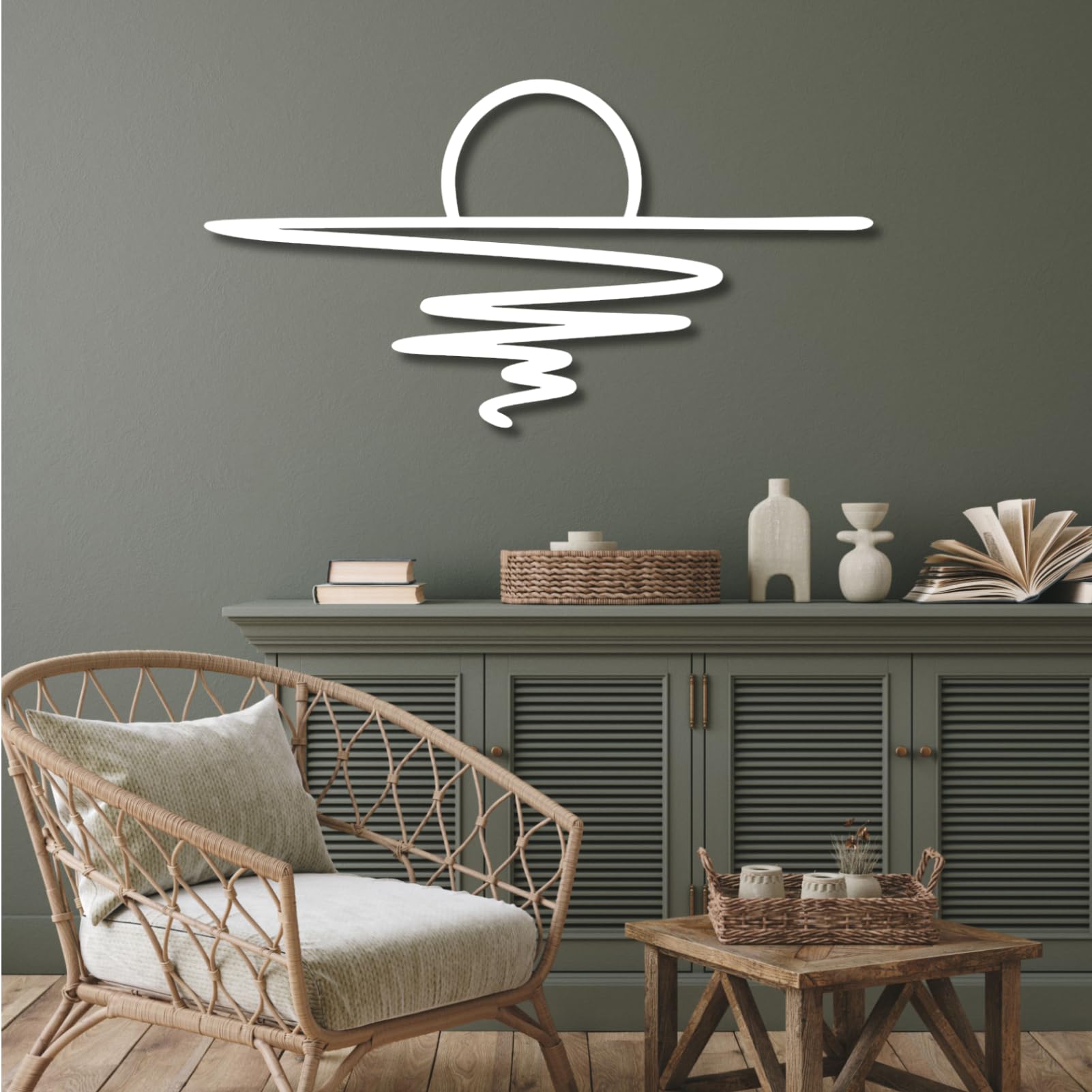 Décoration Murale en métal Noir Scintillant « Soleil et mer Scintillants », Sculpture Moderne « Lever de Soleil et mer Scintillants » pour Salon, Chambre, Couloir et escalier (Blanc 74 x 38