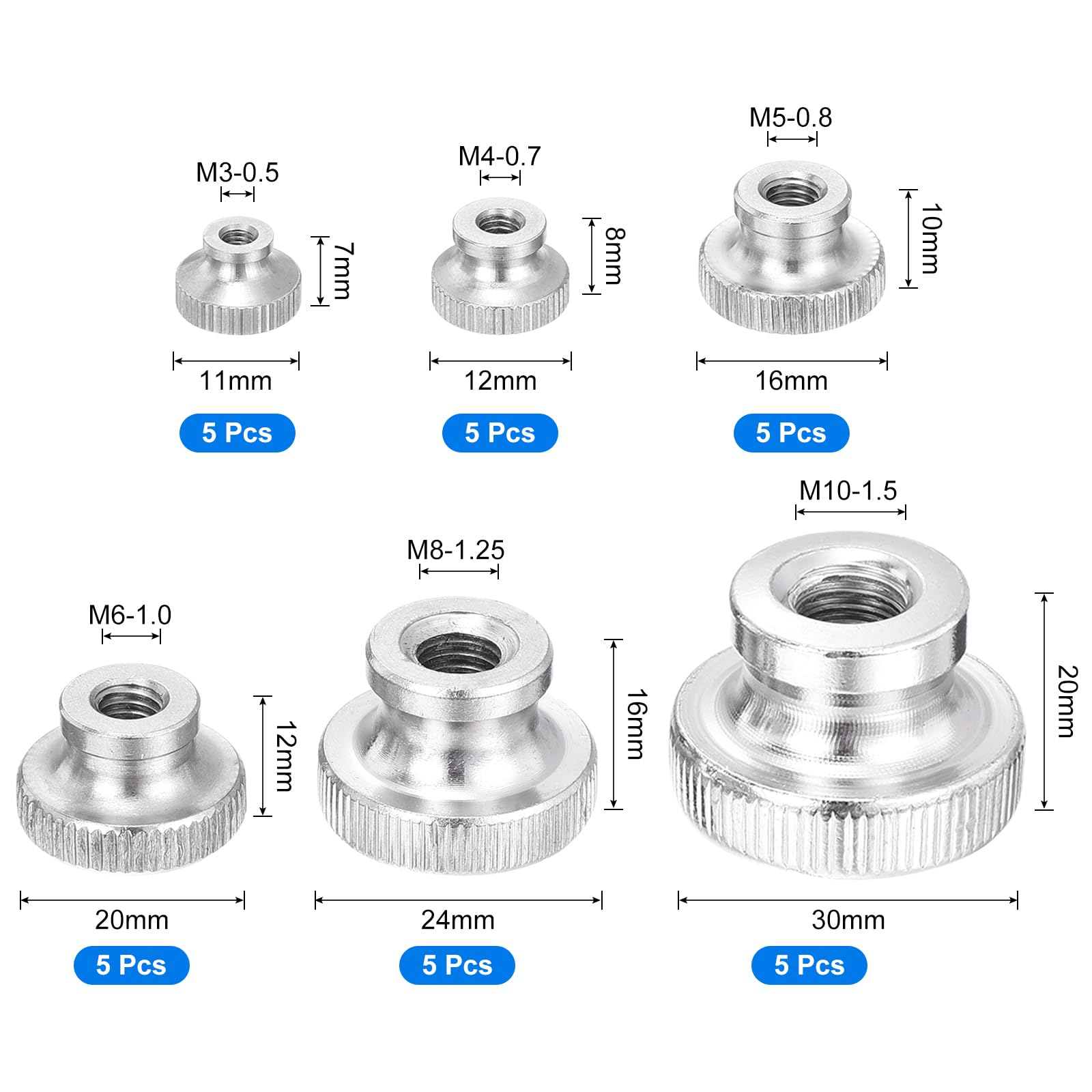 QUARKZMAN 30 Stück Rändelmuttern Rändelräder M3 M4 M5 M6 M8 M10 Runde Griffschrauben Mit Vernickelten Einstellbaren Rändelmutter Befestigungselementen Für 3D-Drucker Teile Silber