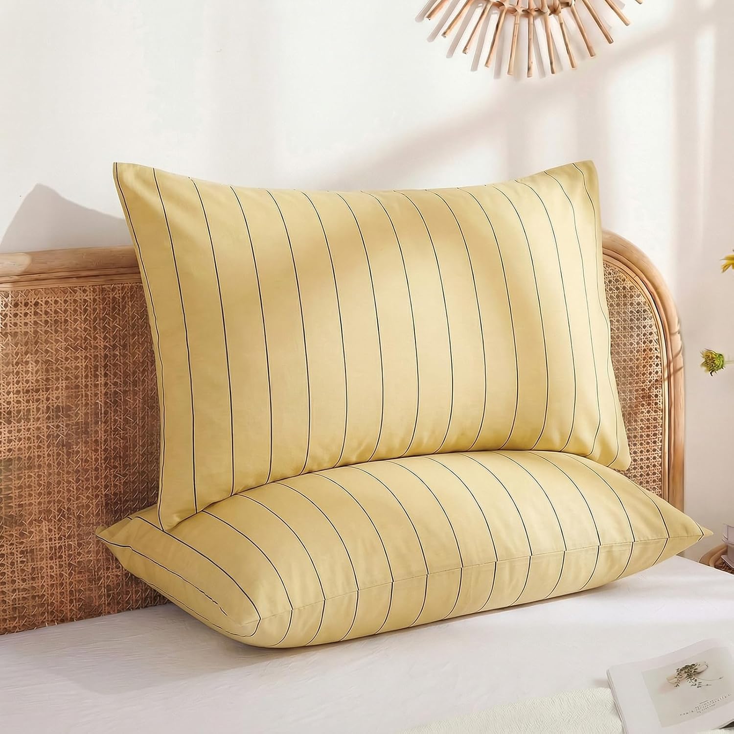 Merryword Yellow Striped Pillowcases, 100% Cotton Pillow Cases, Queen Size Pillowcases, Luxury Linen Like Pillowcase, Soft Breathable Pinstripe Pillow Covers, Set of 2