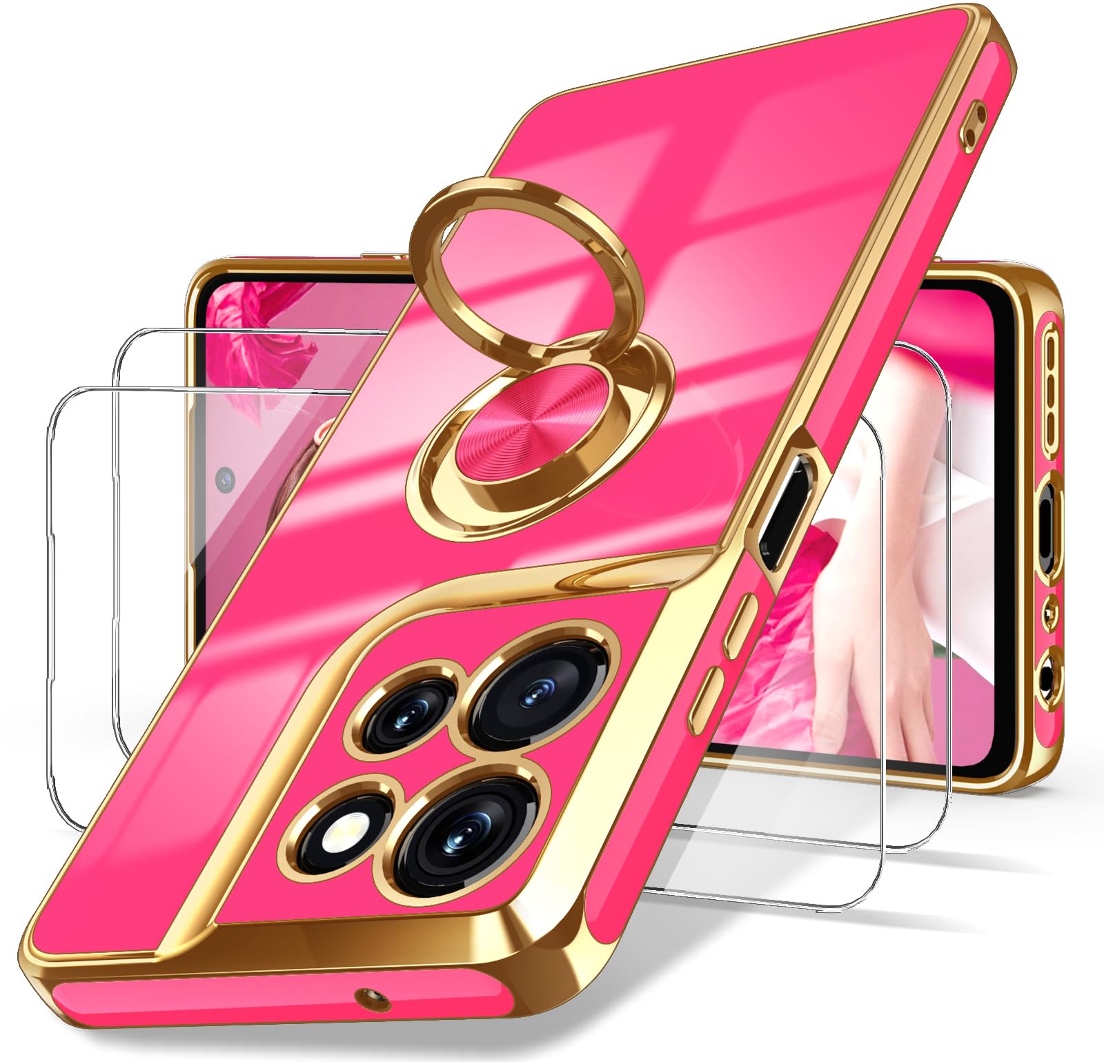 Dretal for Motorola G 5G 2025 Case, Moto G 5G 2025 Case,2X Screen Protector, 360° Rotatable Ring Holder Magnetic Kickstand,Plated Gold Edge Slim Soft