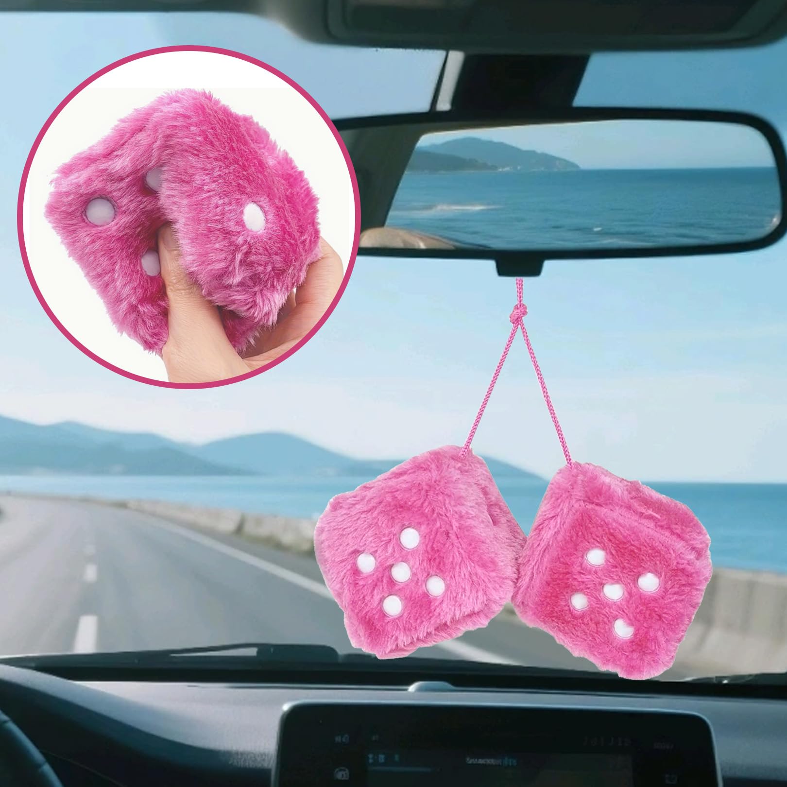Pair 3” Fuzzy Plush Dice Furry Dice for Car Fuzzy Dice for Car Pink Fluffy Dice Car Decor Cute Soft Plush Rearview Mirror Decor Rear View Mirror Hanging Accessories for Car Interior Ornament — view 7
