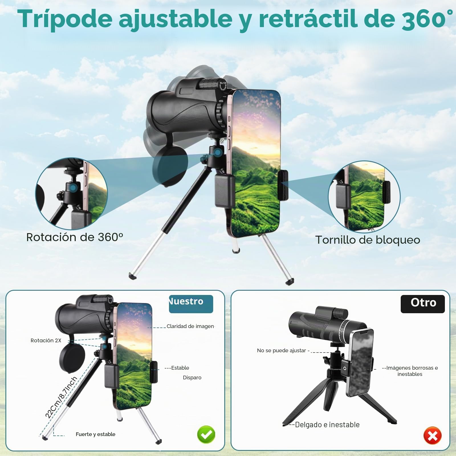 Telescopio Monocular 20X60HD Prisma BAK4 Lentes FMC Premium contra el Polvo/Agua/Niebla con trípode Estable Impermeable Monocular para Adultos para la Observación de Aves Senderismo