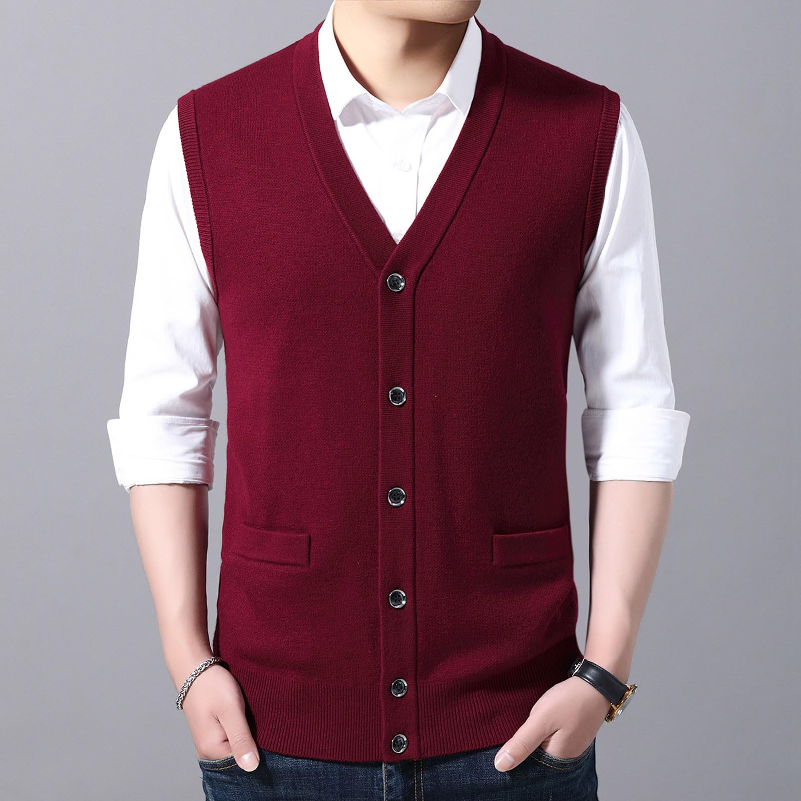Gilet pour homme en laine mélangée avec boutons, col en V, couleur unie, sans manches, cardigan, poches, débardeur en polaire, débardeur automne hiver chaud