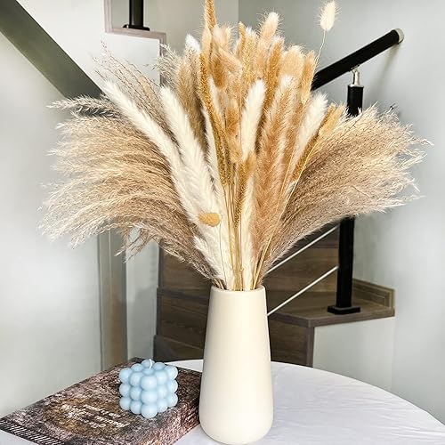 120 ramos de hierba seca de las pampas, pampas esponjosas de color marrón natural y blanco, ramo bohemio de decoración del hogar, flores secas de 17