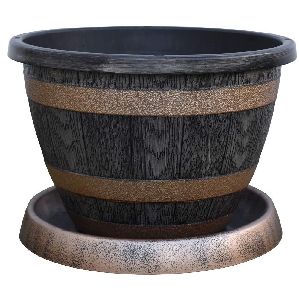 Thompson & Morgan Wooden Barrel Effect Pot & Saucer - Black/Gold Plastic - 30cm x 39cm